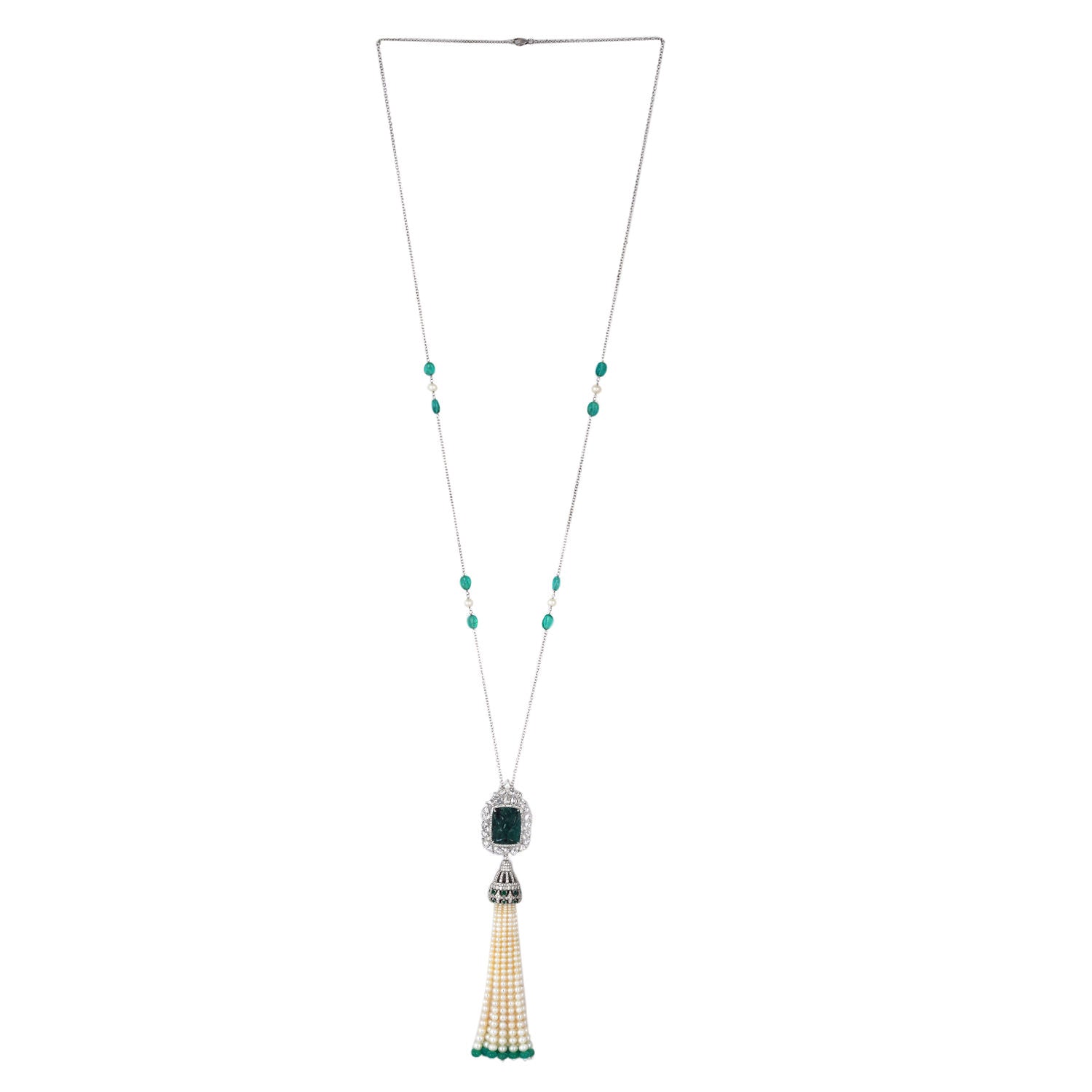 18K White Gold Pearl & Emerald Beaded Opera Necklace with Rose Cut Diamond Tassel - Elegant Evening Wear, Bridal Jewelry, Special Occasion Gift