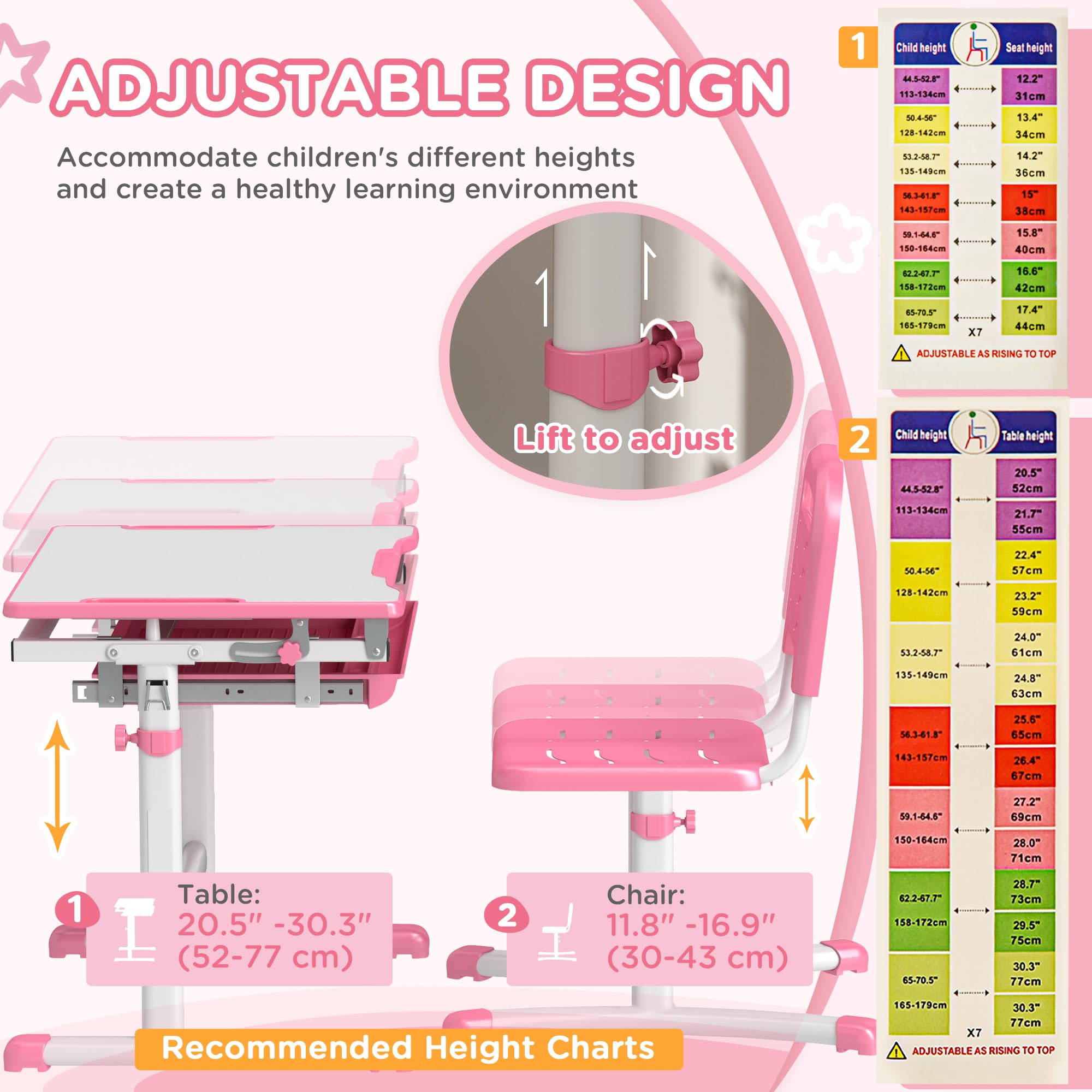 Qaba Adjustable Kids Desk and Chair Set - Ergonomic Study Desk with Tiltable Desktop, Storage Drawer & Pen Holder for Children - Perfect for Homeschooling, Online Learning & Bedroom Study (Pink)