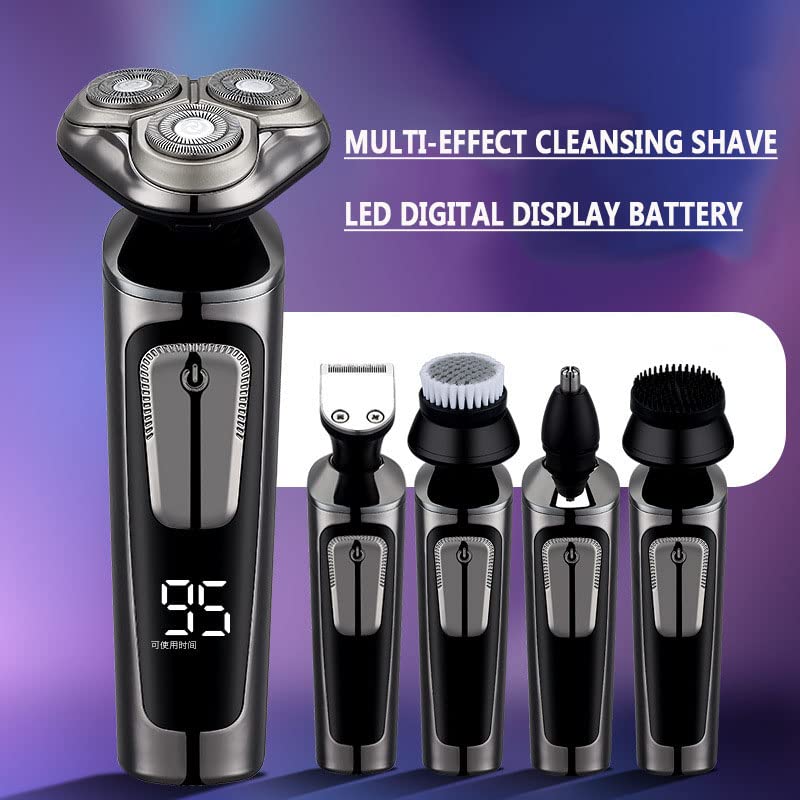 5-in-1 Rechargeable Electric Razor for Men - Wet/Dry Multifunctional Shaver with Hair & Nose Trimmer - Perfect for Travel, Home & Gym Use