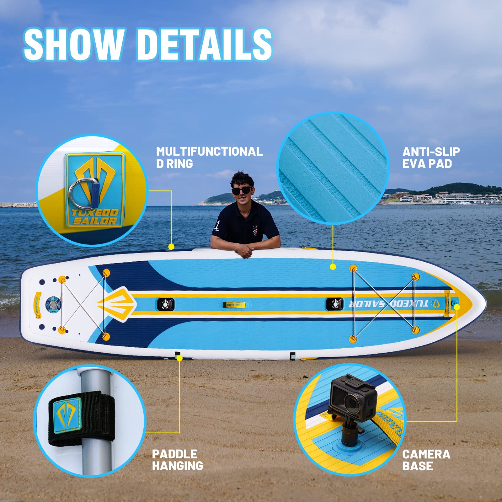 Premium Inflatable Stand Up Paddle Board - Complete SUP Kit with Paddle, Pump, Fin & Backpack - Lightweight Tuxedo Sailor Design for Yoga, Surfing & Family Fun on Lakes, Rivers & Oceans