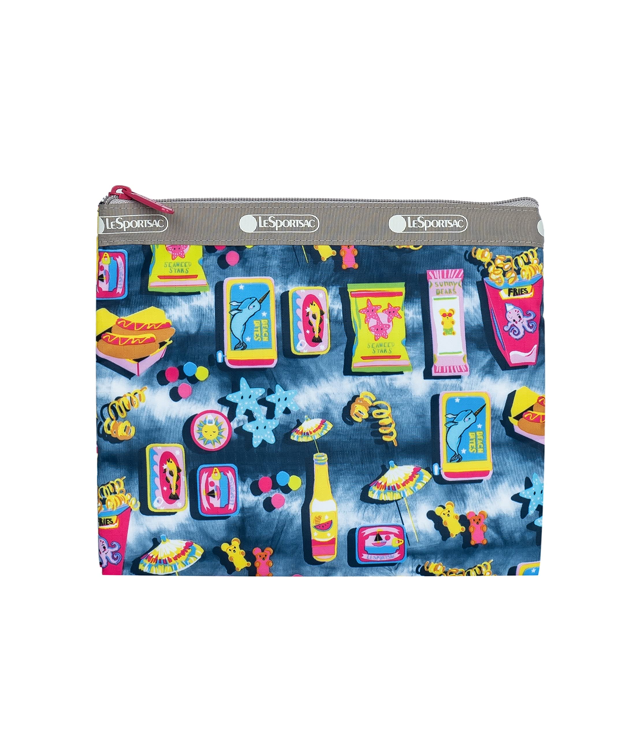 LeSportsac Beach Snacks Deluxe Crossbody Bag with Cosmetic Pouch - Vibrant Pop Art Design Featuring Hot Dogs, Fries & Tropical Drinks (Style 7507, Hot Pink) | Perfect for Beach Trips, Summer Outings & Everyday Use