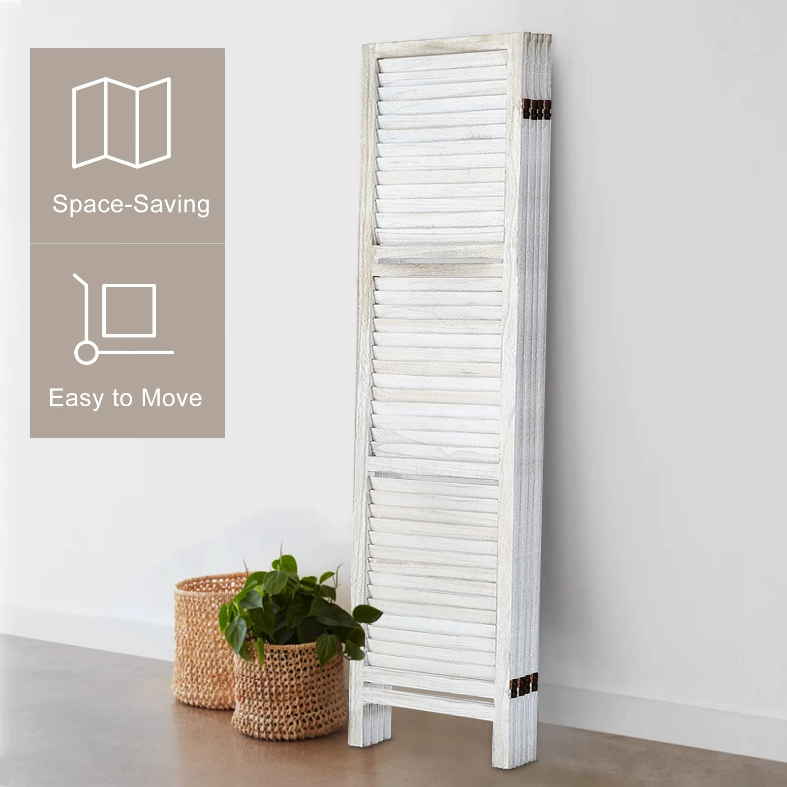 5-Panel Wooden Room Divider with Shelves - Privacy Screen & Folding Partition Wall Separator - Coconut Finish for Home Office, Bedroom, and Living Room Space Division