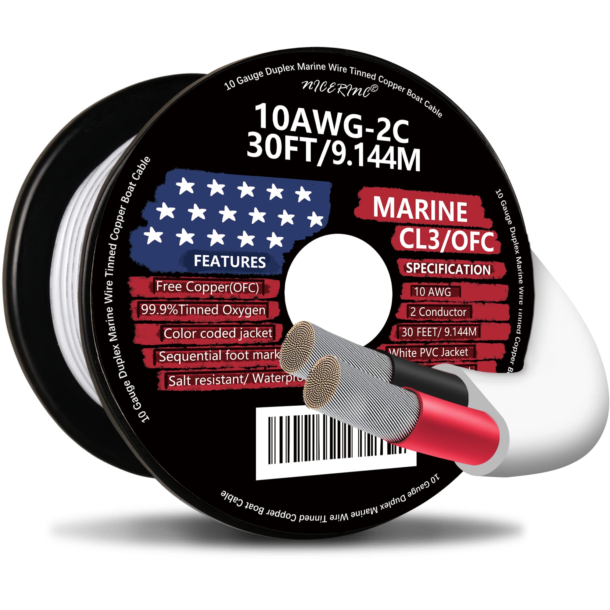 10 Gauge Duplex Marine Wire Tinned Copper Boat Cable - 30ft 10 AWG OFC Oxygen Free Copper Wire for Outdoor, Automotive, Boat, Solar, RV & Trailer Applications - Perfect for Marine Electronics, Solar Panel Wiring & Vehicle Electrical Systems