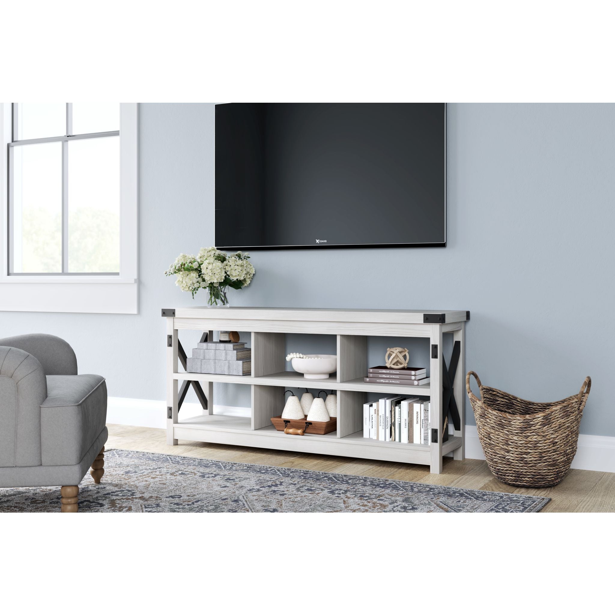 Bayflynn Modern TV Stand for Living Room - White & Black Entertainment Center with Storage Shelves | Perfect for Flat Screen TVs, Gaming Consoles & Media Storage