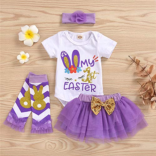 My 1st Easter Outfit for Baby Girls - Bunny Printed Romper with Tutu Skirt, Leg Warmers & Headband Set | Newborn Easter Photoshoot, Spring Celebration & Holiday Party Outfit