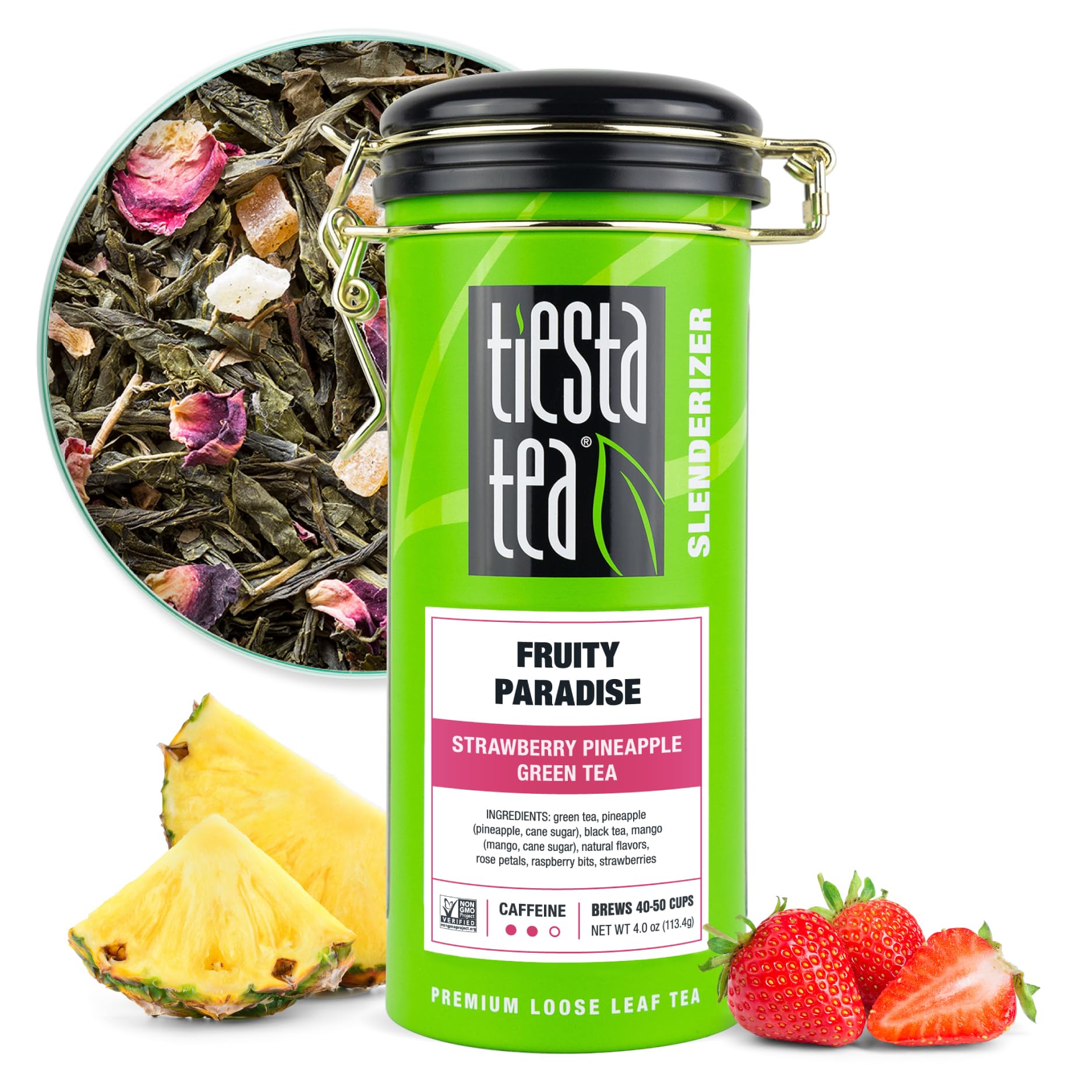 Premium Tiesta Tea Fruity Paradise Loose Leaf Strawberry Pineapple Green Tea - Medium Caffeine, Hot or Iced, 50 Cups per 4oz Tin | Refillable Tea Tin for Home, Office & Gifts | Relaxing Afternoon Tea or Refreshing Summer Drink