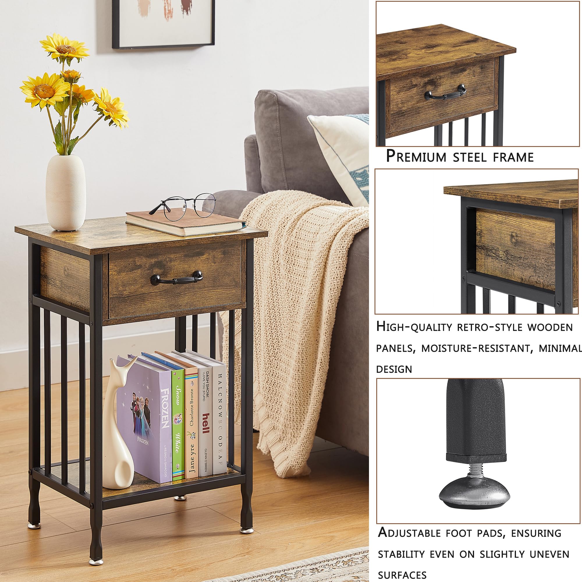 VECELO 3-Tier Nightstand with Drawer & Storage Shelf - Wooden Bedside Table with Metal Frame for Bedroom & Living Room - Perfect for Organizing Books, Lamps, and Bedroom Essentials