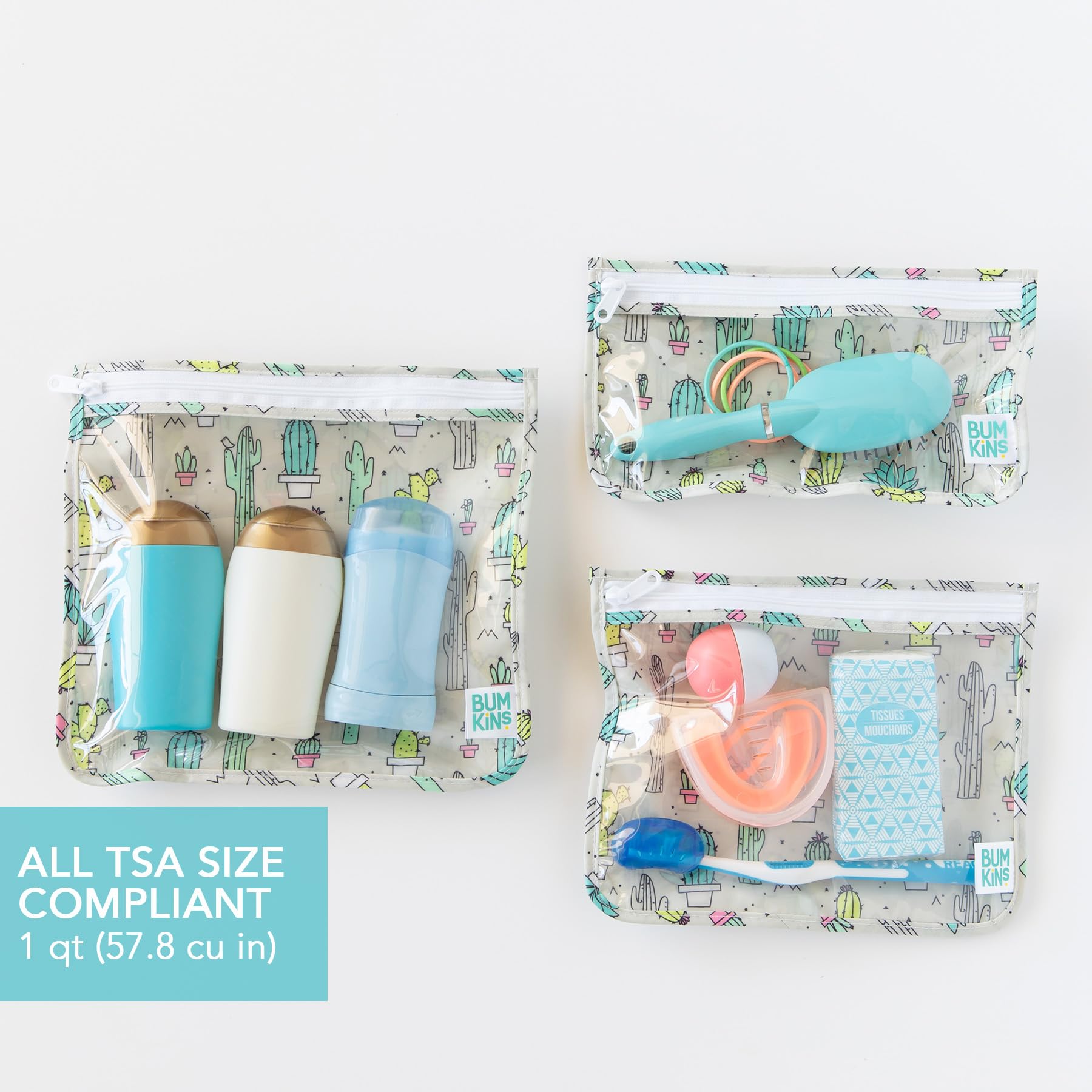 Bumkins TSA Approved Clear Toiletry Bag Set of 3 - PVC-Free & Vinyl-Free Travel Cosmetic Organizer for Airplane Carry-On, Gym, Beach & Vacation Essentials | Cactus Design