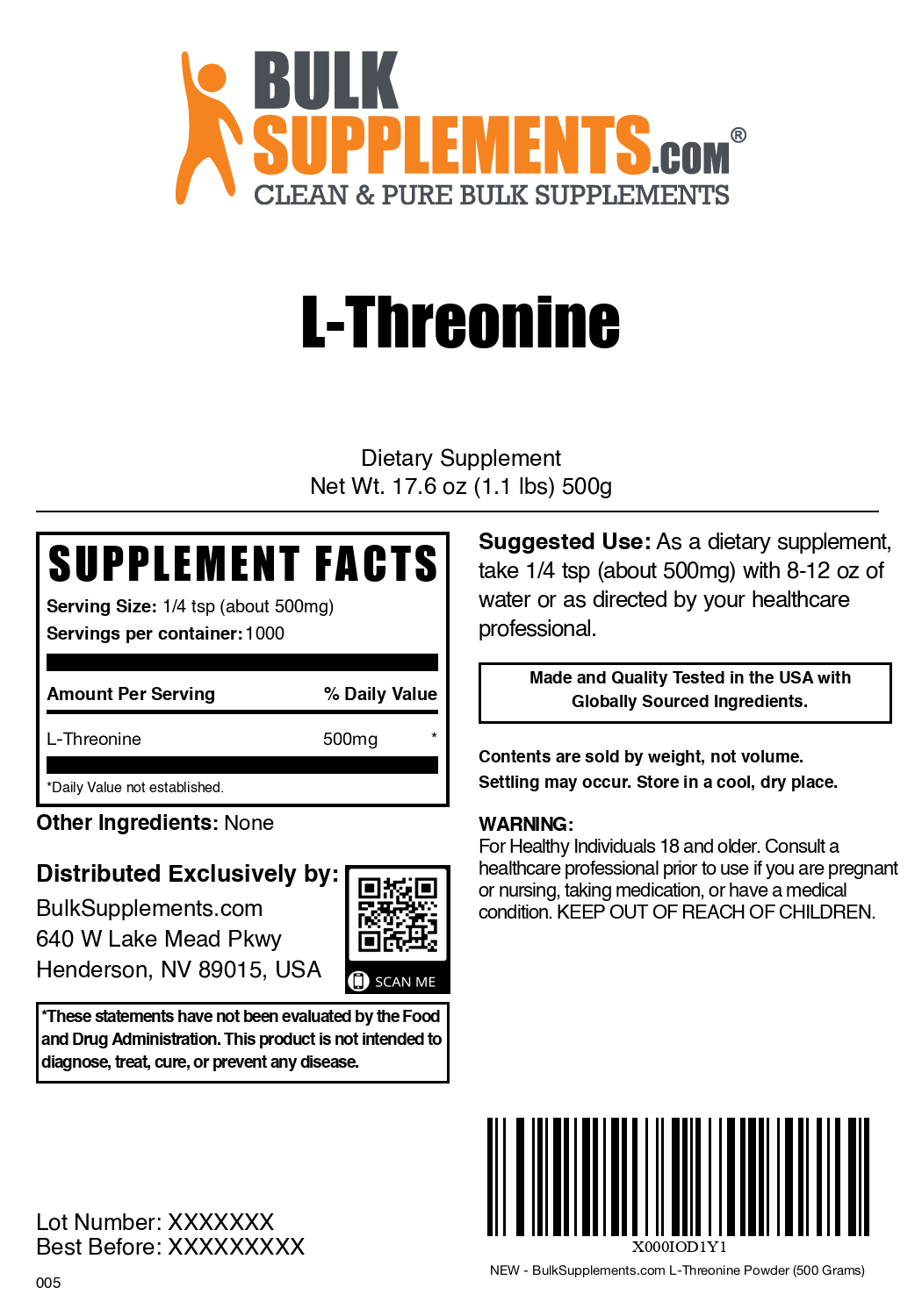 Pure L-Threonine Powder - 500g Premium Amino Acid Supplement for Muscle Recovery & Immune Support - Vegan, Non-GMO, Gluten-Free - Ideal for Athletes, Bodybuilders & Fitness Enthusiasts