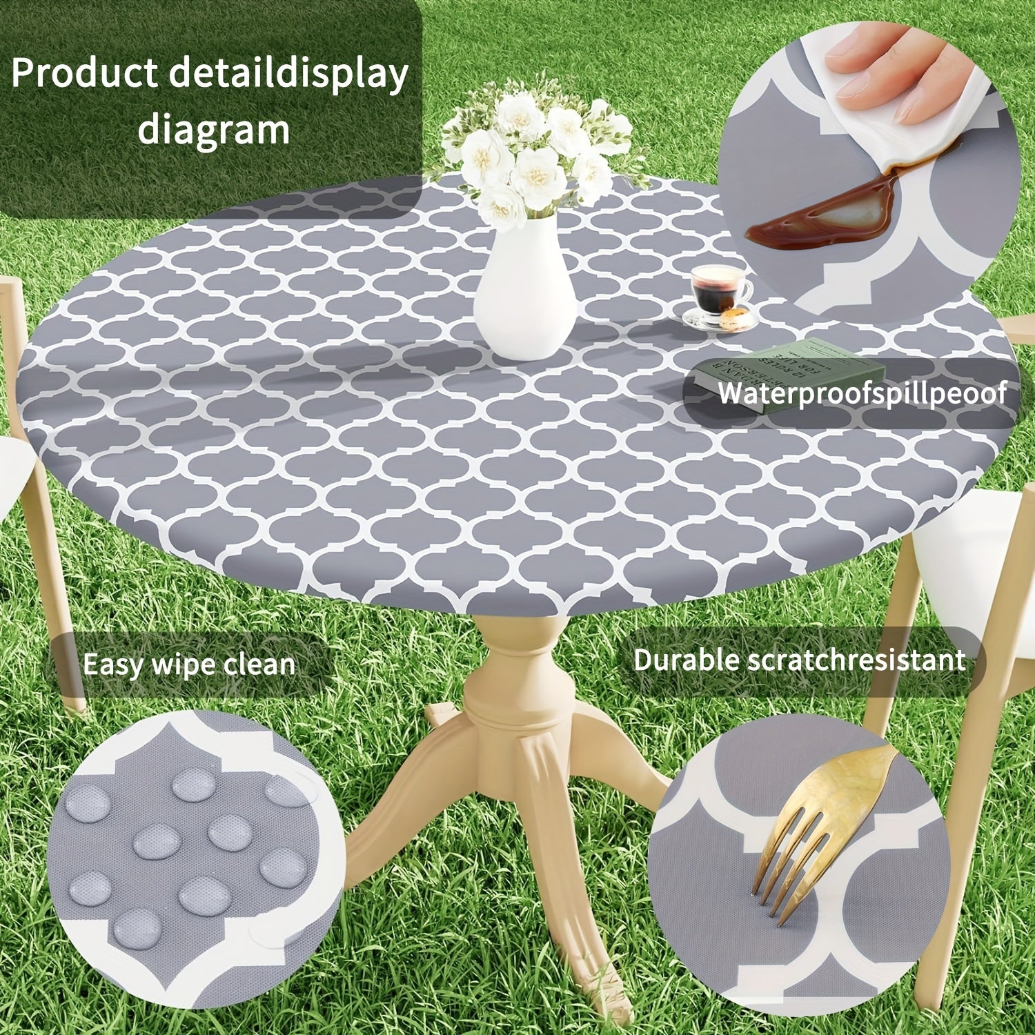 100% Vinyl Round Moroccan Tablecloth - Waterproof & Oil Proof with Flannel Backing, Elastic Edges for Indoor, Outdoor, Patio, Picnic, Camping - Perfect for Dining, BBQs, and Outdoor Gatherings