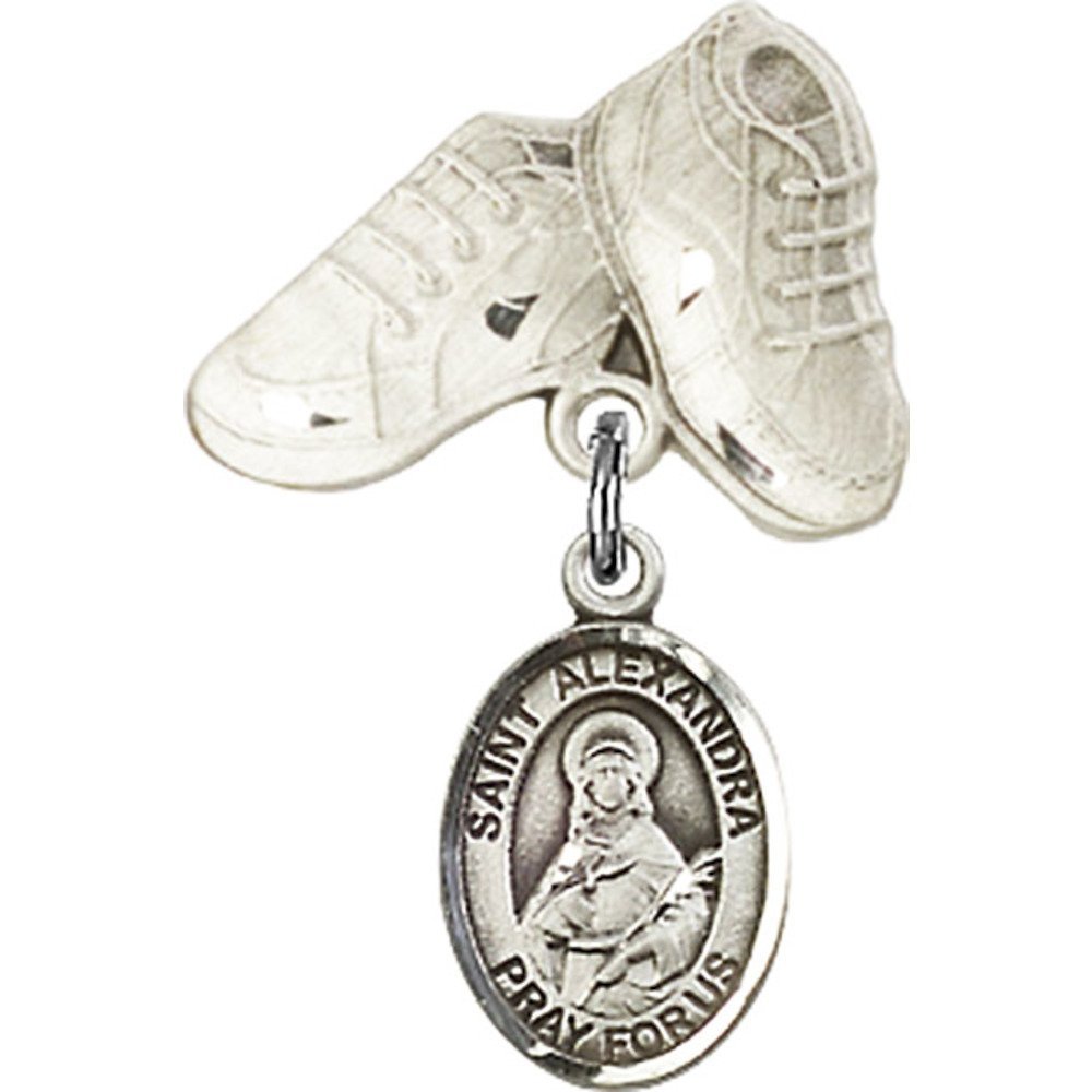 Bonyak Sterling Silver St. Alexandra Medal Charm with Baby Boots Pin - 1 X 5/8 Inch Religious Jewelry for Baptism, Christening & First Communion Gifts