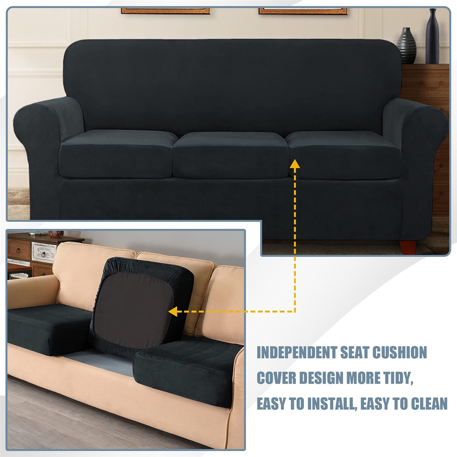 Velvet Stretch Sofa Slipcover with Separate Seat Cushion Covers - Super Soft Non-Slip Couch Cover Furniture Protector with Elastic Bands for 3-Seater Sofa (Black) | Perfect for Living Room, Home Decor & Furniture Protection