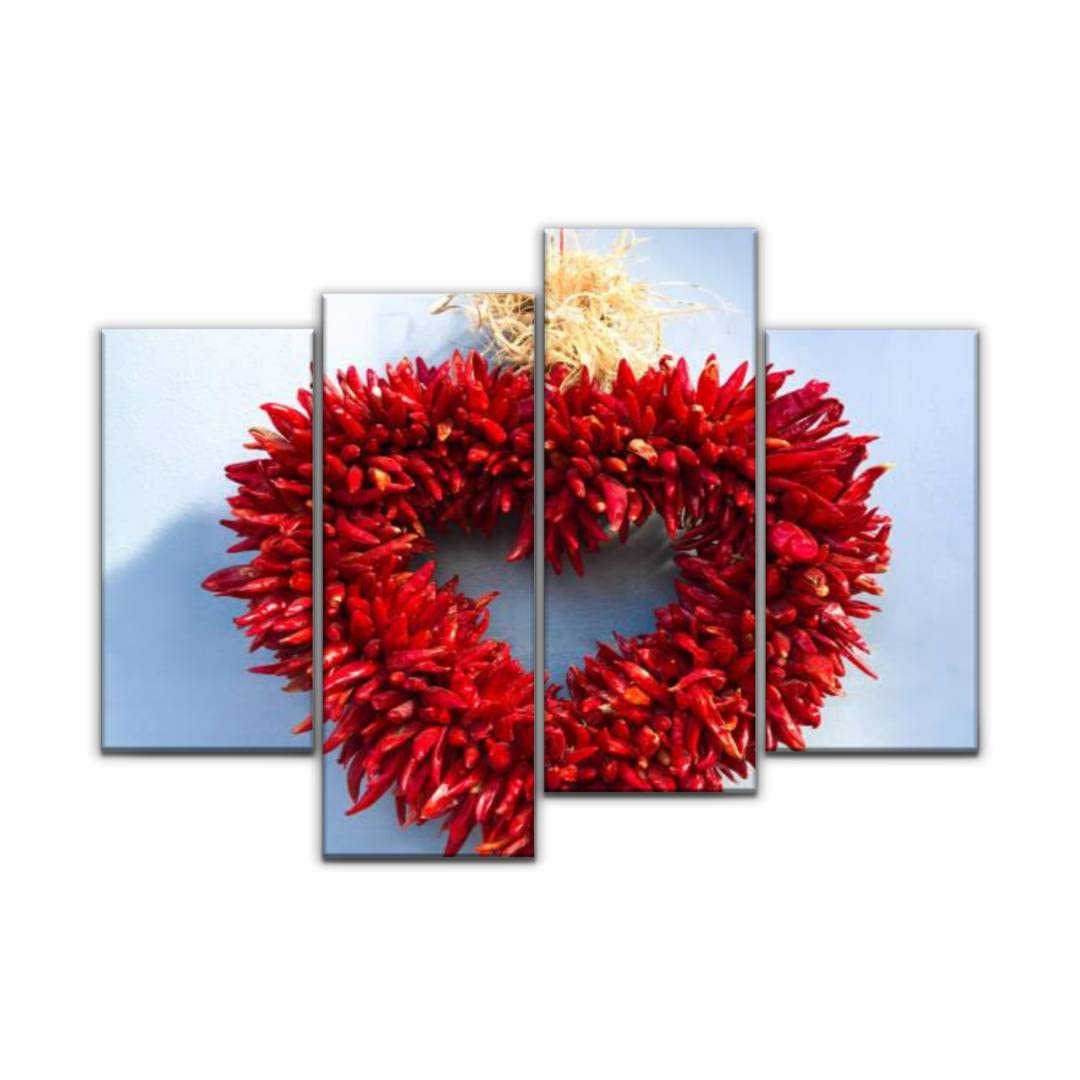 Santa Fe Style Chili Pepper Ristra Heart Shaped Wreath Wall Art - Blue Modern Canvas Painting (4 Panels) - Stretched & Framed Artwork for Living Room, Office, Home Decor - Perfect Southwestern Gift for Kitchen, Dining Room & Entryway