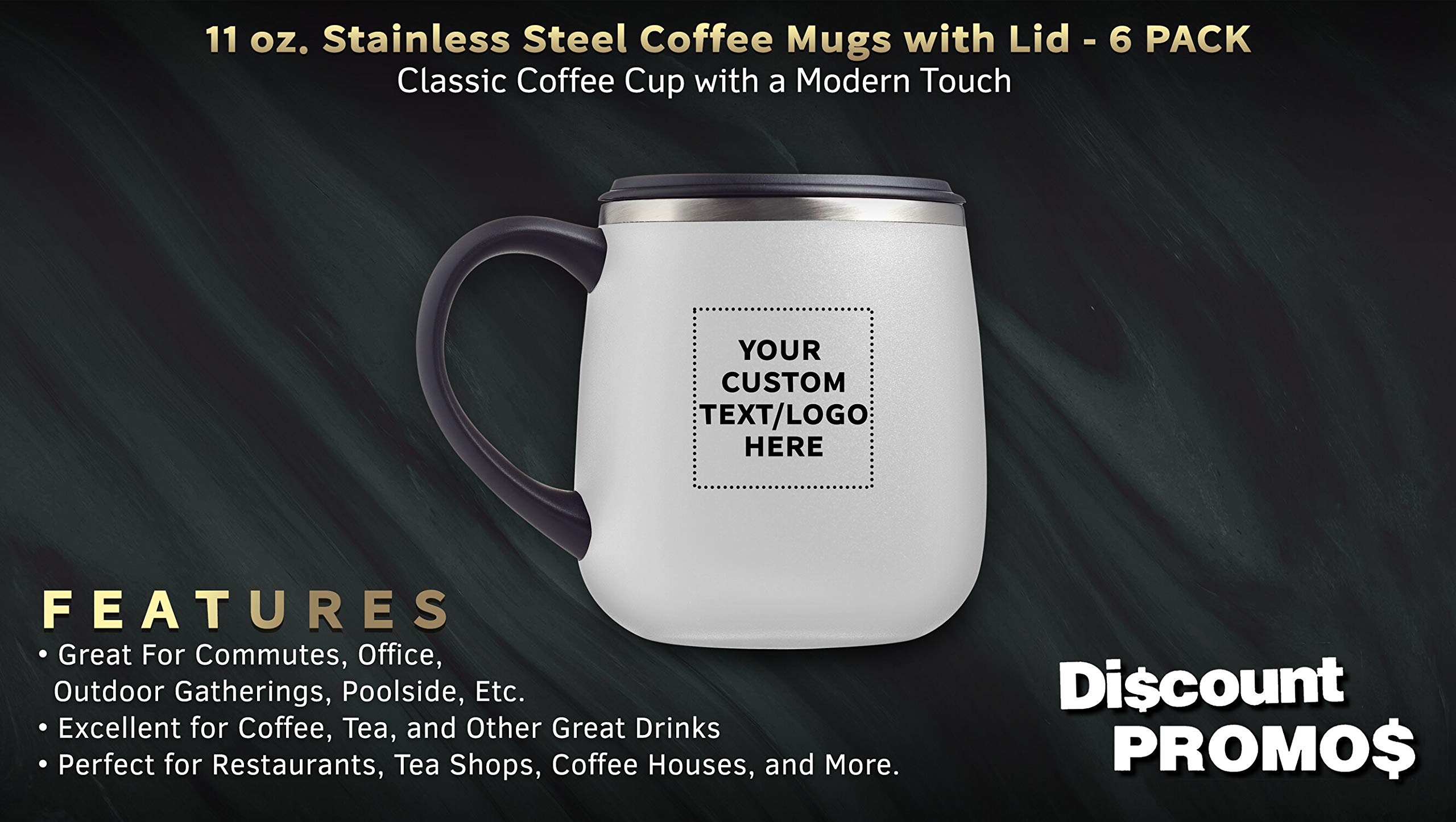 Personalized 11 oz Stainless Steel Coffee Mugs with Lid - 6 Pack Custom Text & Logo - White - Perfect for Office Gifts, Corporate Events & Travel Commuter Cups