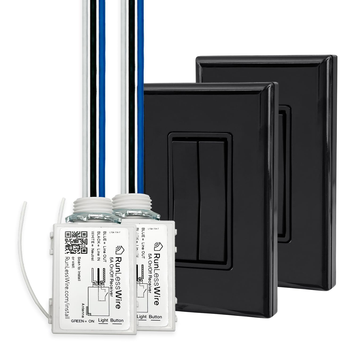 RunLessWire 3-Way Wireless Fan & Light Switch Kit - Battery-Free, Self-Powered Kinetic Wall Switch with 150+ ft RF Range - Includes 2 On/Off Receivers & 2 Double Switches (Black) - Perfect for Bedroom, Living Room & Home Automation DIY Projects