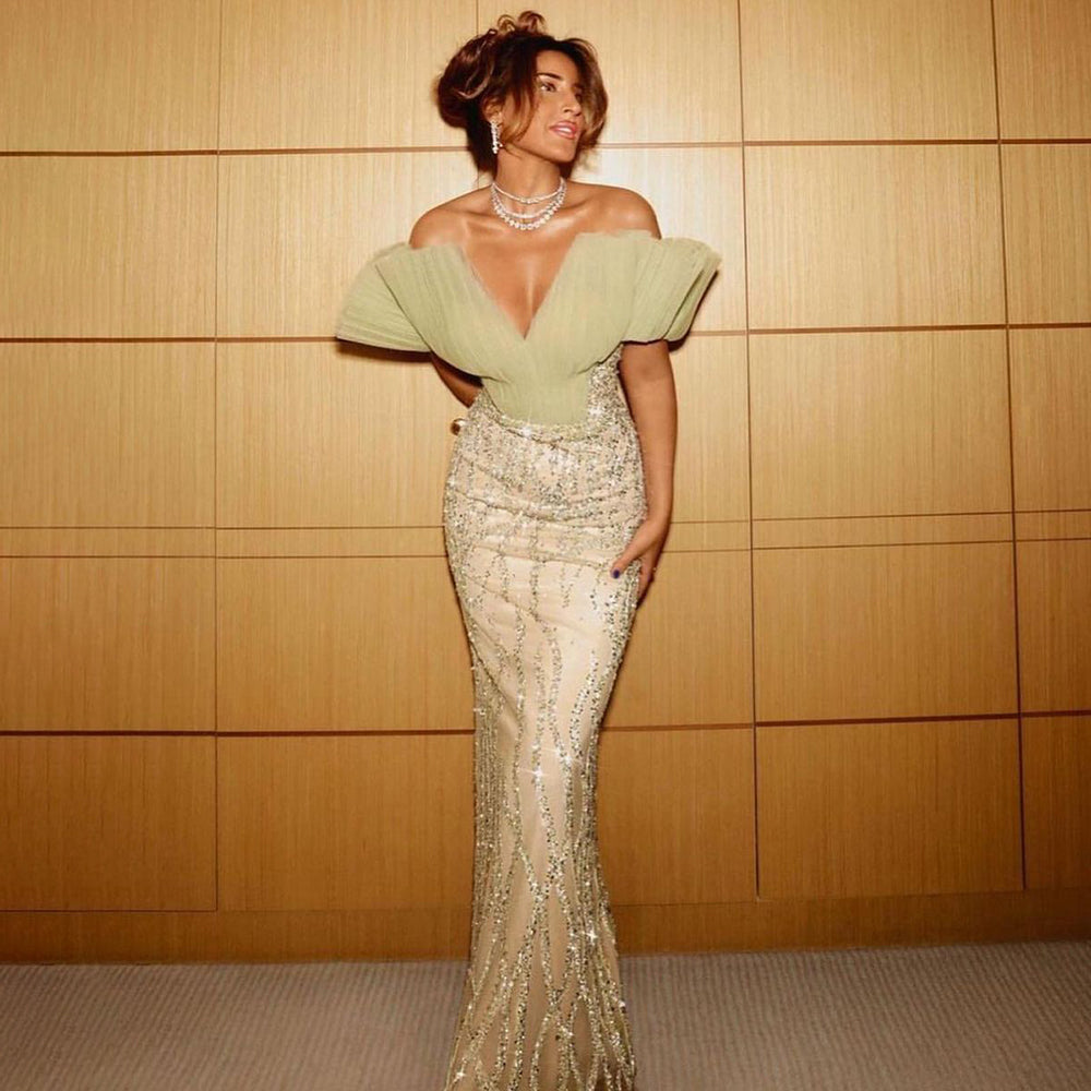 Elegant Mint Green Mermaid Evening Dress with V-Neck & Pearl Beading - Luxury Women's Party Gown for Prom, Wedding, or Formal Events - Serene Hill Collection 2025