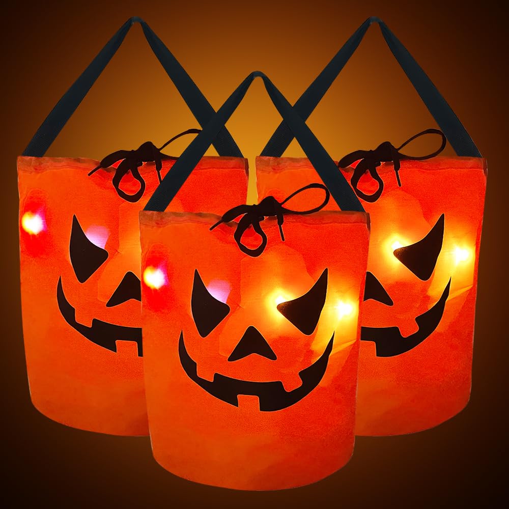 JXITON Halloween Light Up Drawstring Candy Bags - 3 Pack Reusable Pumpkin Smile Face Trick or Treat Goodie Bags for Kids | Perfect for Halloween Parties, Trick-or-Treating & Candy Collection