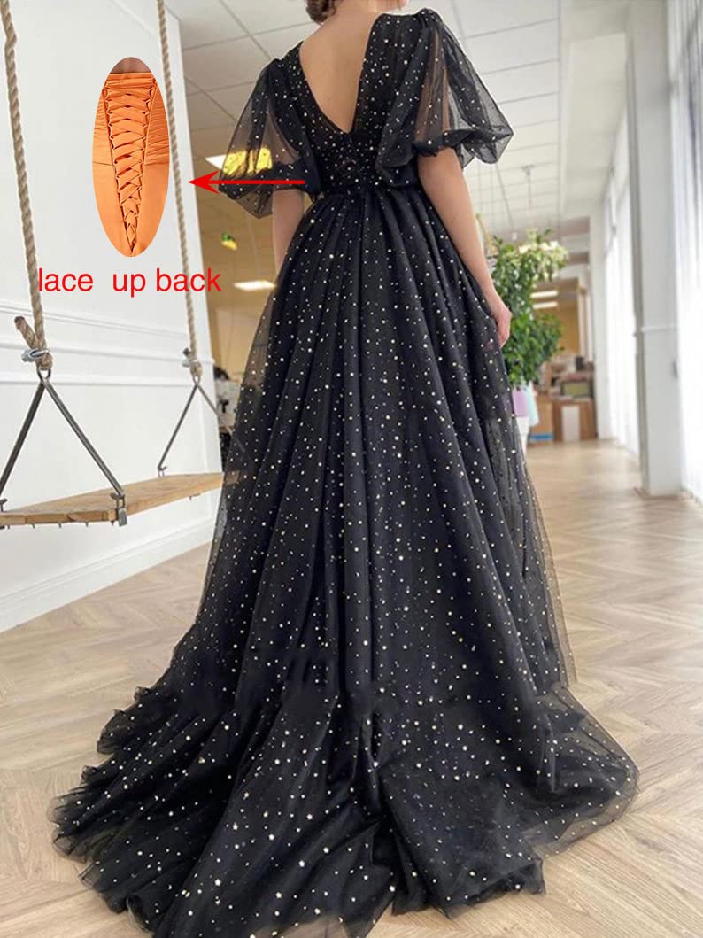 Starry Tulle Puffy Sleeve Prom Dress - A-Line Split Formal Long Sparkle V-Neck Ball Gown for Evening Party | Black Size 22 | Perfect for Homecoming, Prom Night, Wedding Guest & Special Occasions
