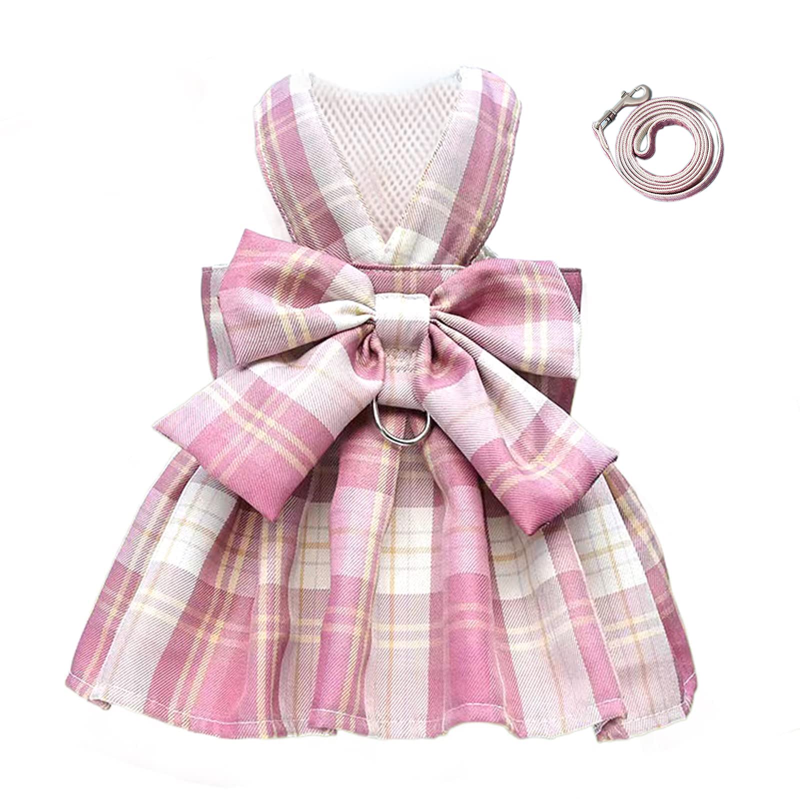 Tikwek Plaid Dog Dress with Bow Tie & Leash Set - Cute Pet Outfits for Small Dogs (Pink, Large) | Puppy Skirt with Harness & Leash Ring | Perfect for Parties, Photos & Daily Walks