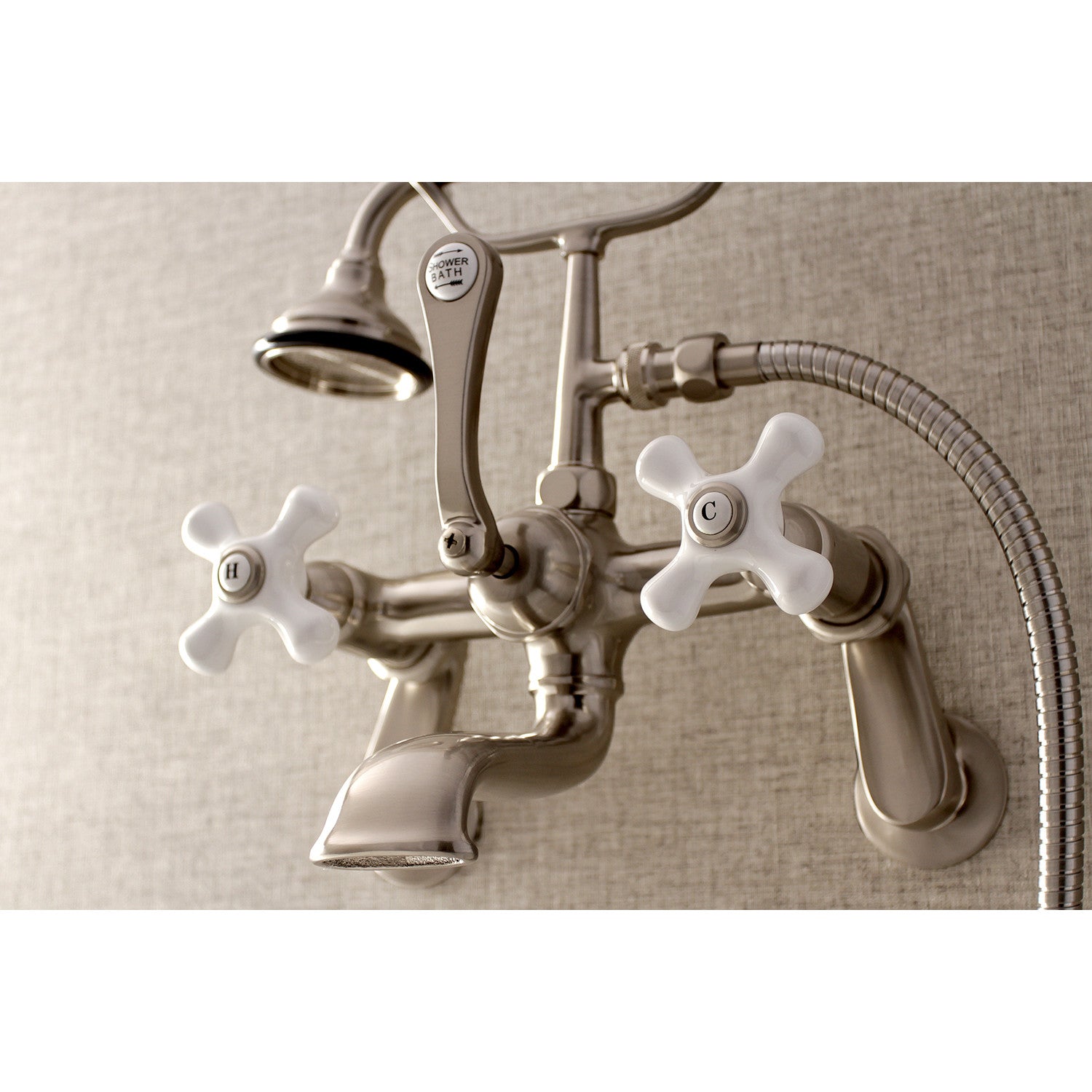 Vintage Style 3-Handle Wall Mount Clawfoot Bathtub Faucet with Hand Shower - Brushed Nickel Finish - Perfect for Antique Bathroom Renovations & Luxury Spa Retreats