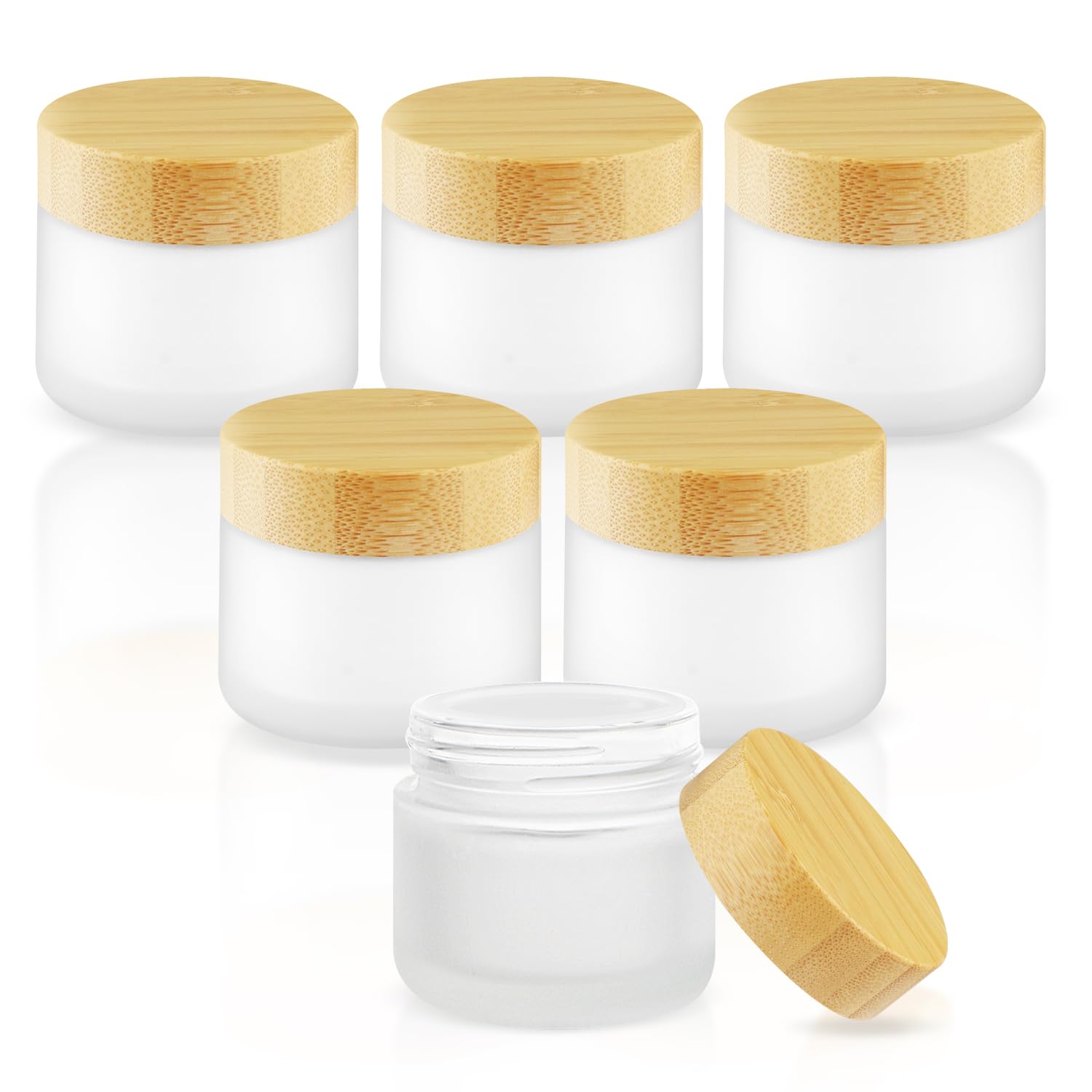 6-Piece 60g Frosted Glass Cosmetic Jars with Bamboo Lids - Travel-Size Cream Containers for Essential Oils, Powder, Lotion & Ointments - Perfect for DIY Skincare, Facial Scrubs & On-The-Go Beauty Routine
