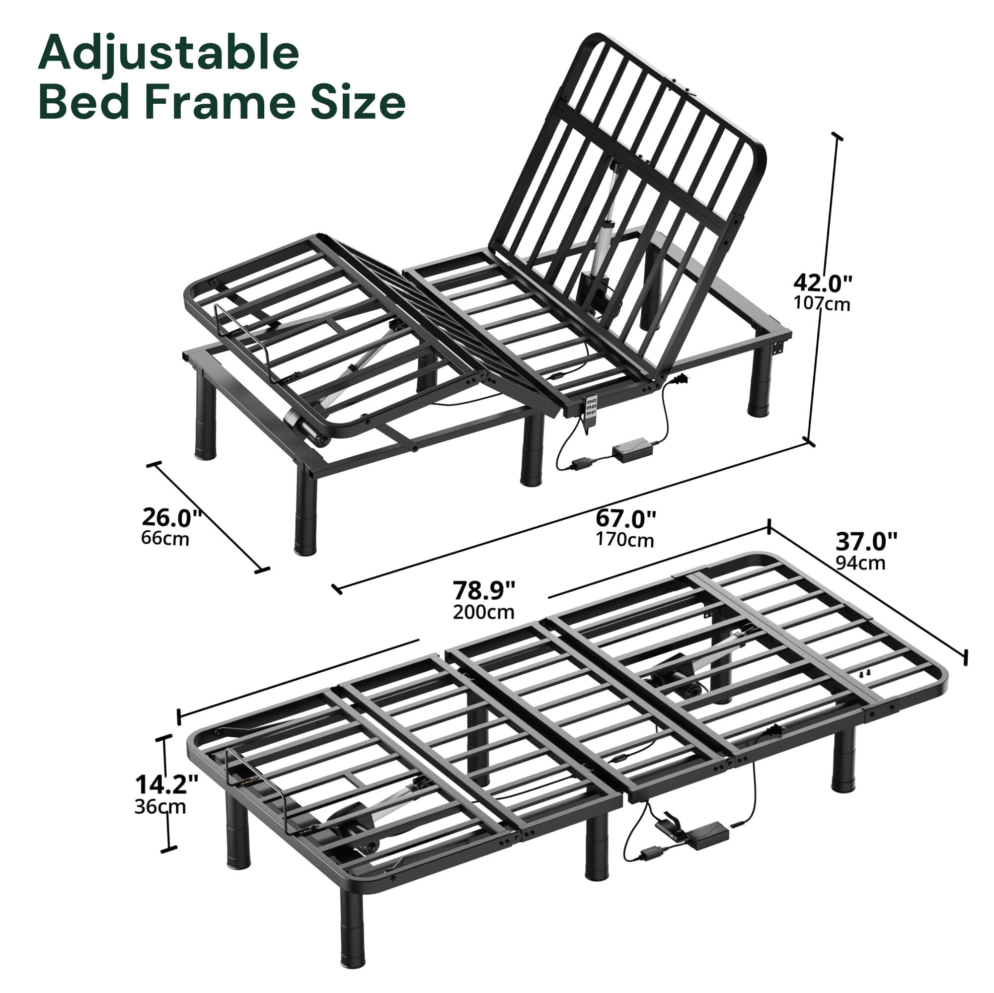SunsGrove Twin XL Adjustable Bed Frame with Wired Remote - Electric Base with Independent Head/Foot Incline, 2 Height Options - Easy Assembly for Home, Hospital, or Dorm Room Use