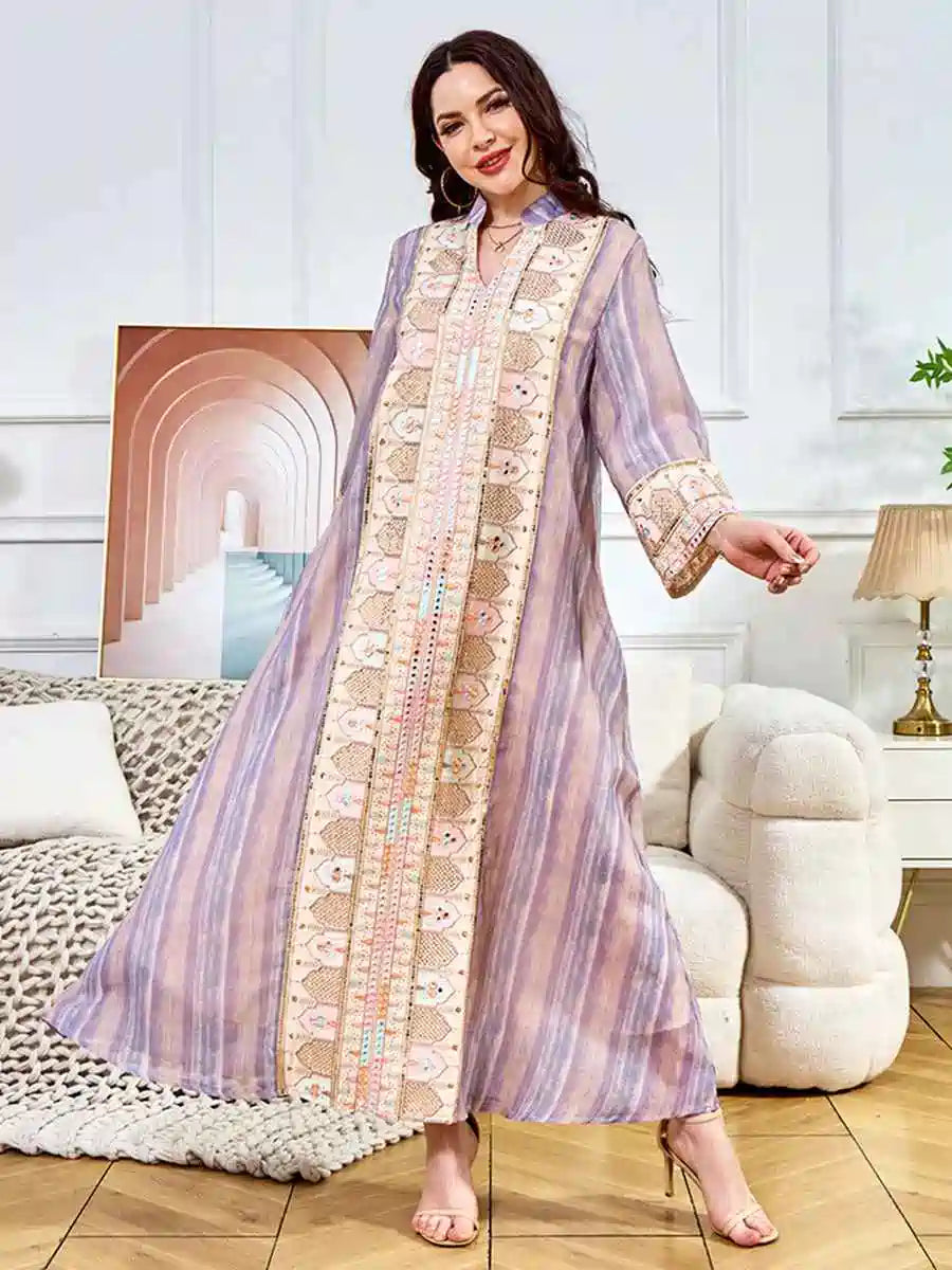 Elegant Eid Sequins Embroidered Caftan Dress for Women - Perfect for Parties, Weddings & Special Occasions