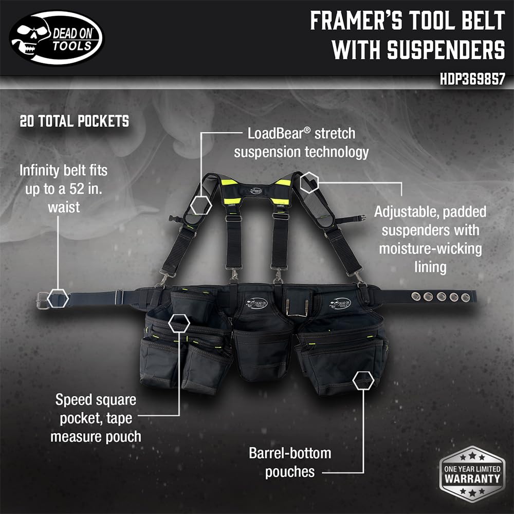 Dead On Tools - Heavy Duty 1680D Polyester Framer’s Tool Belt with Adjustable Suspenders (HDP369857), Black - Perfect for Construction, Carpentry & DIY Projects