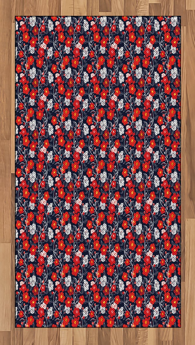 Lunarable Floral Area Rug - Abstract Spring Blooms Vibrant Petals on Dark Blue Backdrop, Flat Woven Accent Rug for Living Room, Bedroom, Dining Room - 2'6