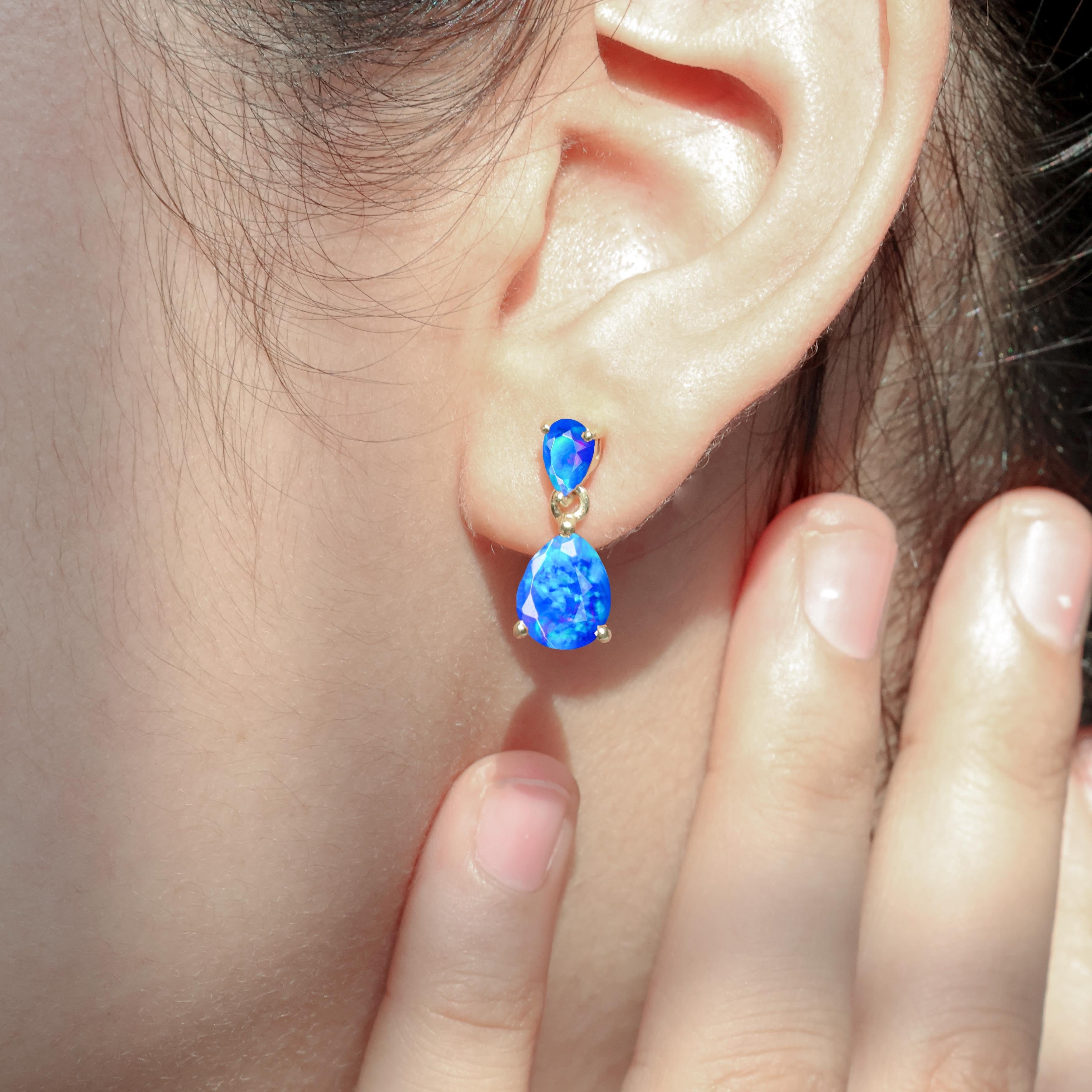 Blue Dual Opal Pear Drop Stud Earrings for Women - Elegant Dangle Ear Jewelry for Party, Wedding & Everyday Wear