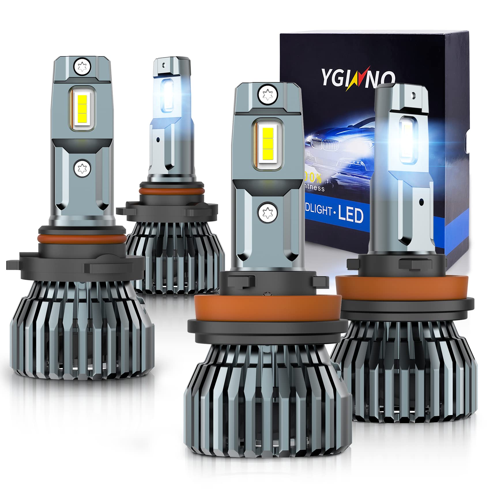 YGINNO 9005/HB3 High Beam & H11/H9/H8 Low Beam LED Headlight Bulbs Combo - 40000 Lumens Super Bright Conversion Kit with High Power CSP Chips, 6500K Cool White - Plug & Play (Pack of 4) - Perfect for Night Driving, Off-Road Vehicles, and Car Upgrades