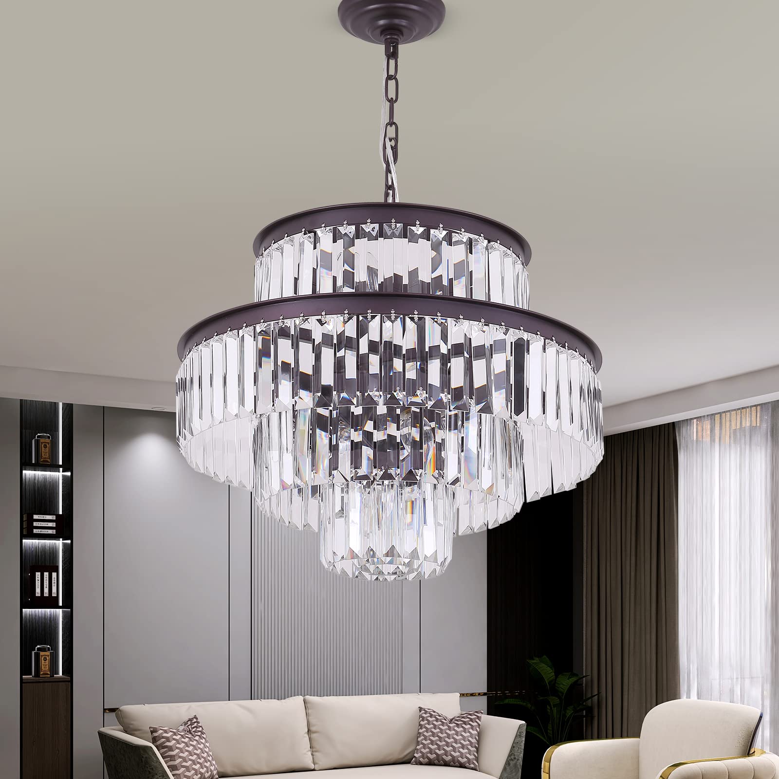 Modern Crystal Chandelier - 20 Inch Round 4-Tier Pendant Ceiling Light Fixture in Brown for Dining Room, Living Room | Elegant Home Lighting for Weddings, Restaurants & Luxury Interiors