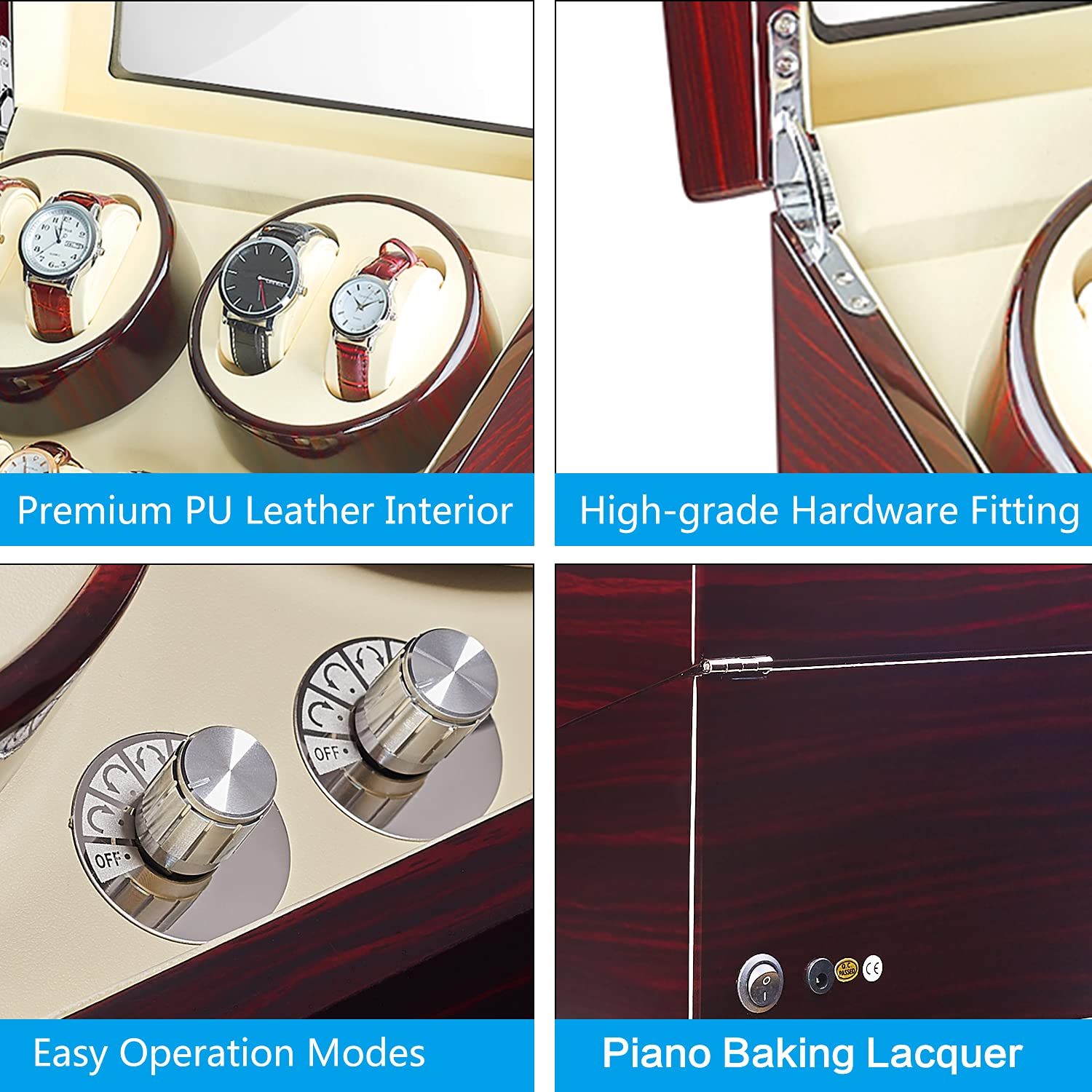 Premium JUQEEN Watch Winder for 4 Automatic Watches with 6 Storage Slots - Ebony Wood Display Case | Perfect for Watch Collectors & Luxury Watch Storage at Home or Office