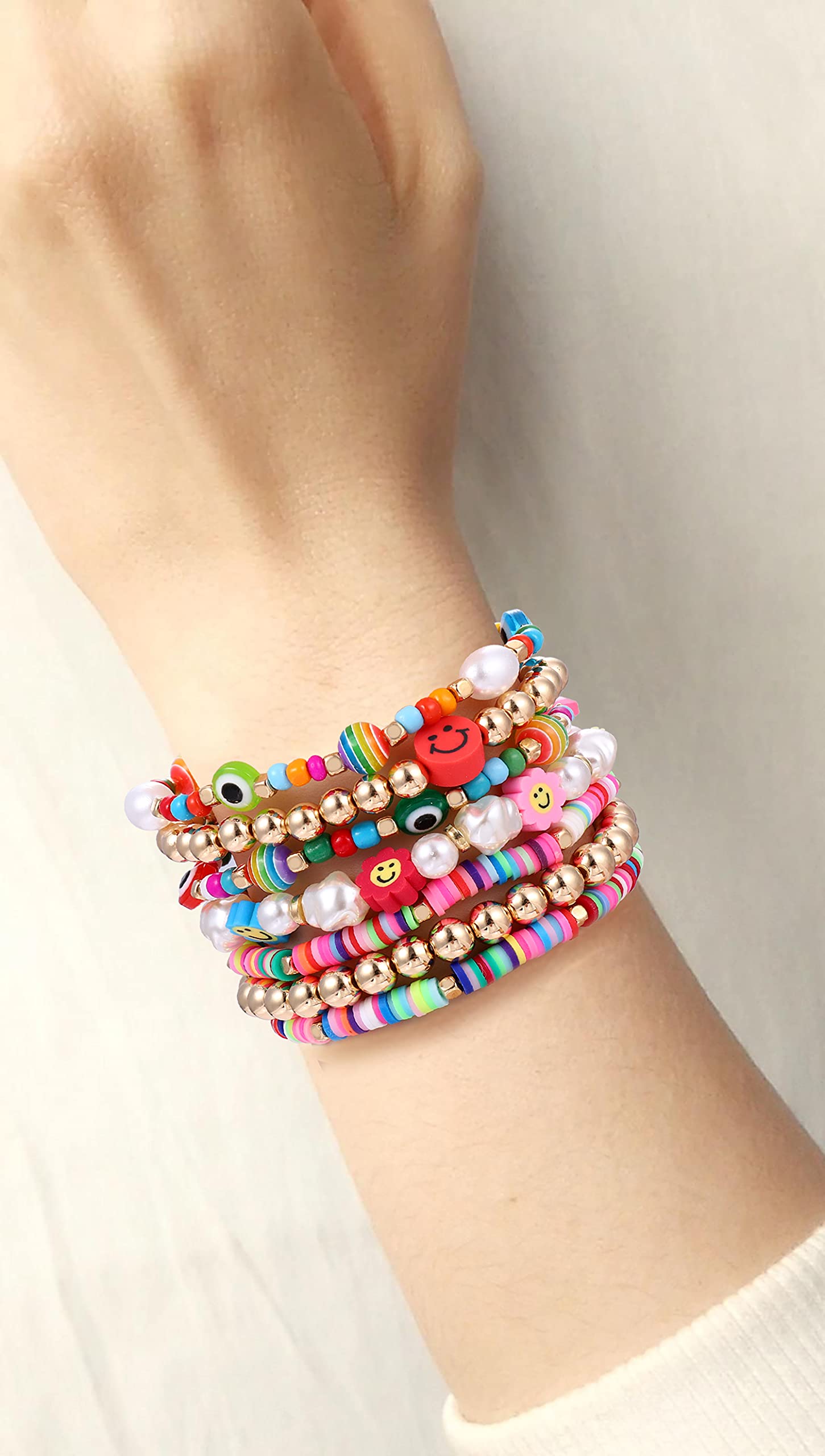 Beaded Stretch Bracelets for Women - Rainbow Heishi Bracelet Set with Colorful Clay Flowers & Evil Eye Gold-tone Beads | Adjustable Summer Beach Jewelry for Parties, Vacations & Everyday Wear