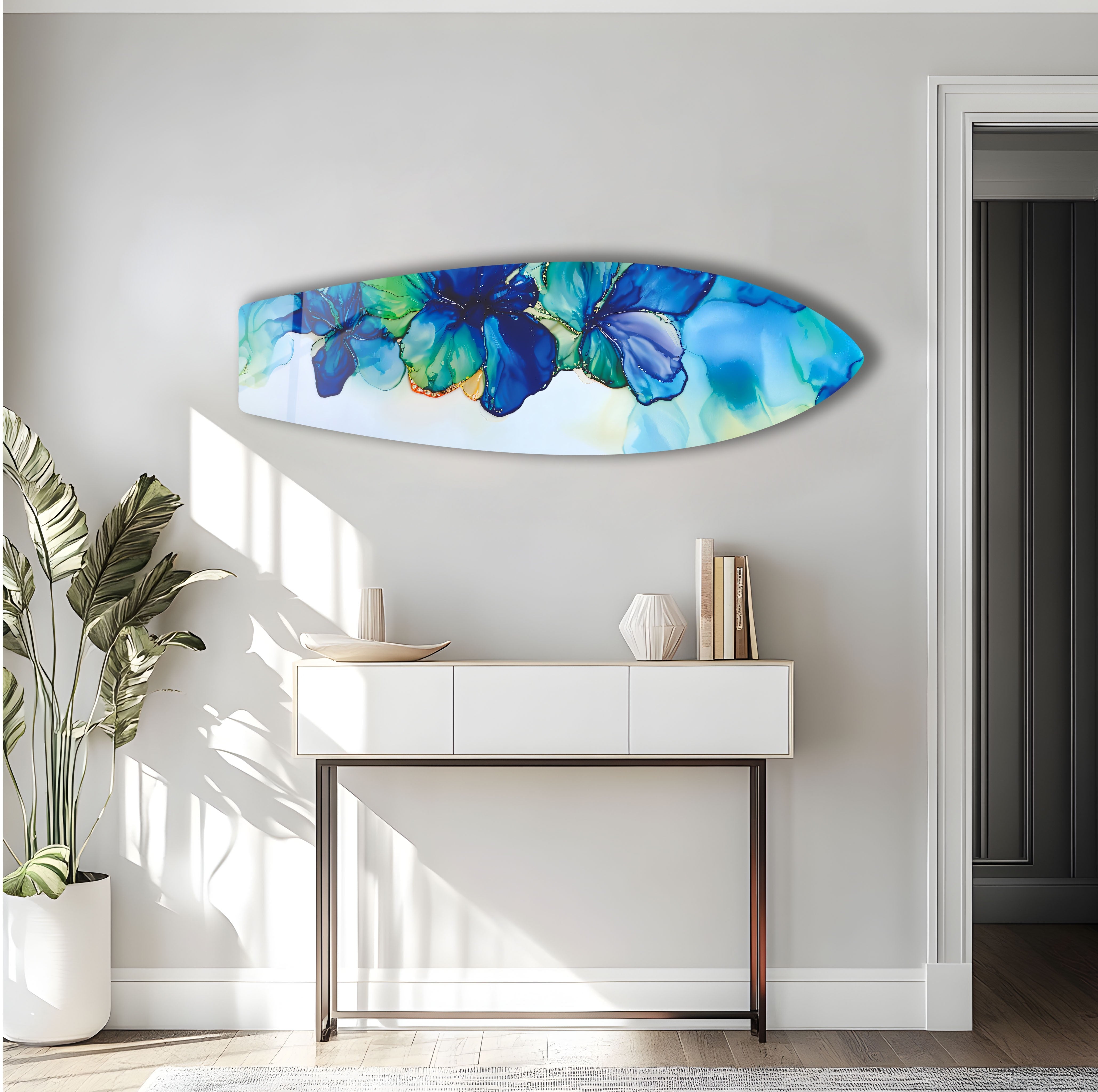Blue Alcohol Ink Flower Surfboard Wall Art - Handmade Coastal Decor for Beach House, Living Room & Bedroom - Unique Ocean Themed Painting for Home & Office