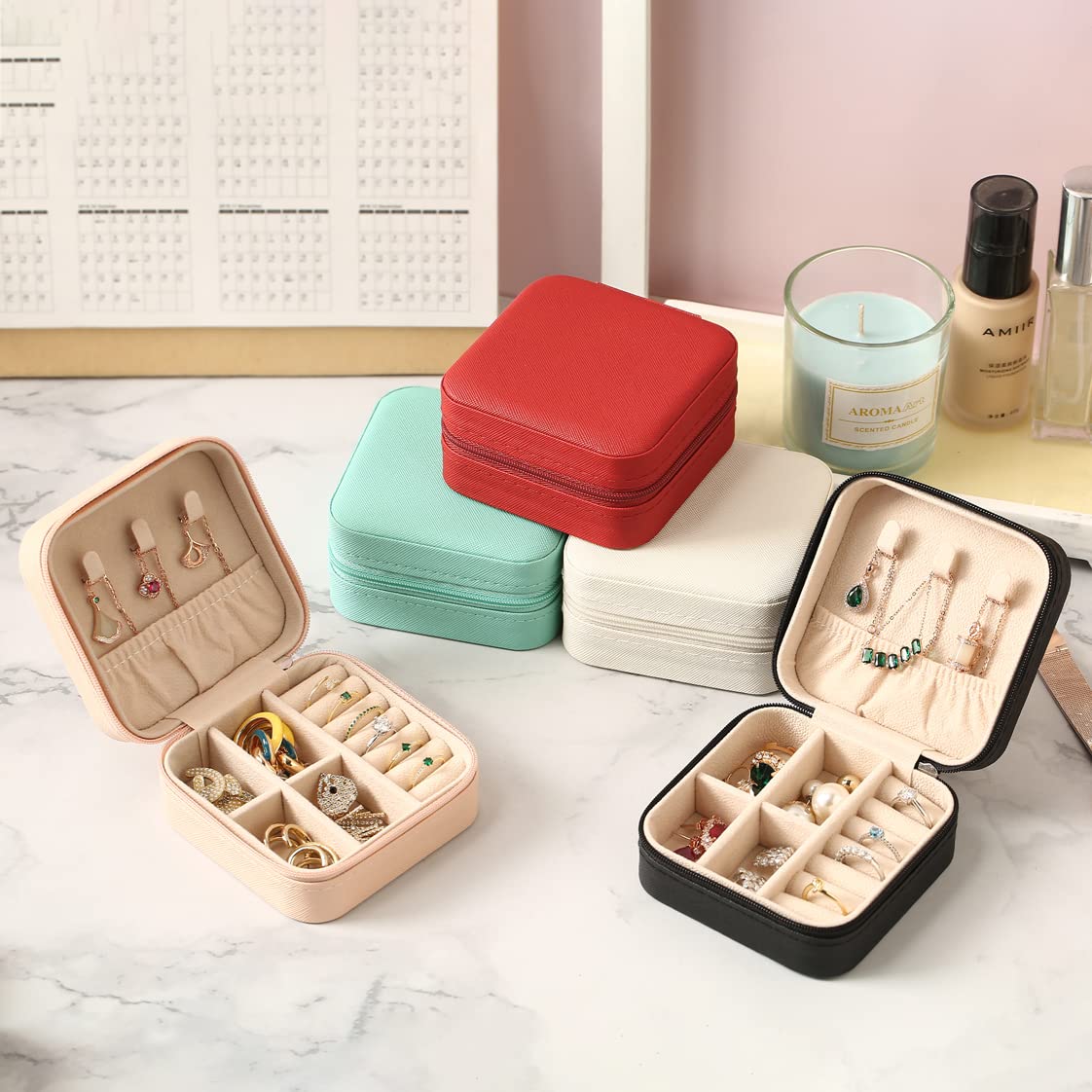 Portable Travel Jewelry Organizer Box - Compact Jewelry Storage Case for Rings, Earrings, Necklaces, Watches & Lipsticks | Pink Mini Jewelry Holder for Women | Perfect for Vacation, Business Trips & Daily Use