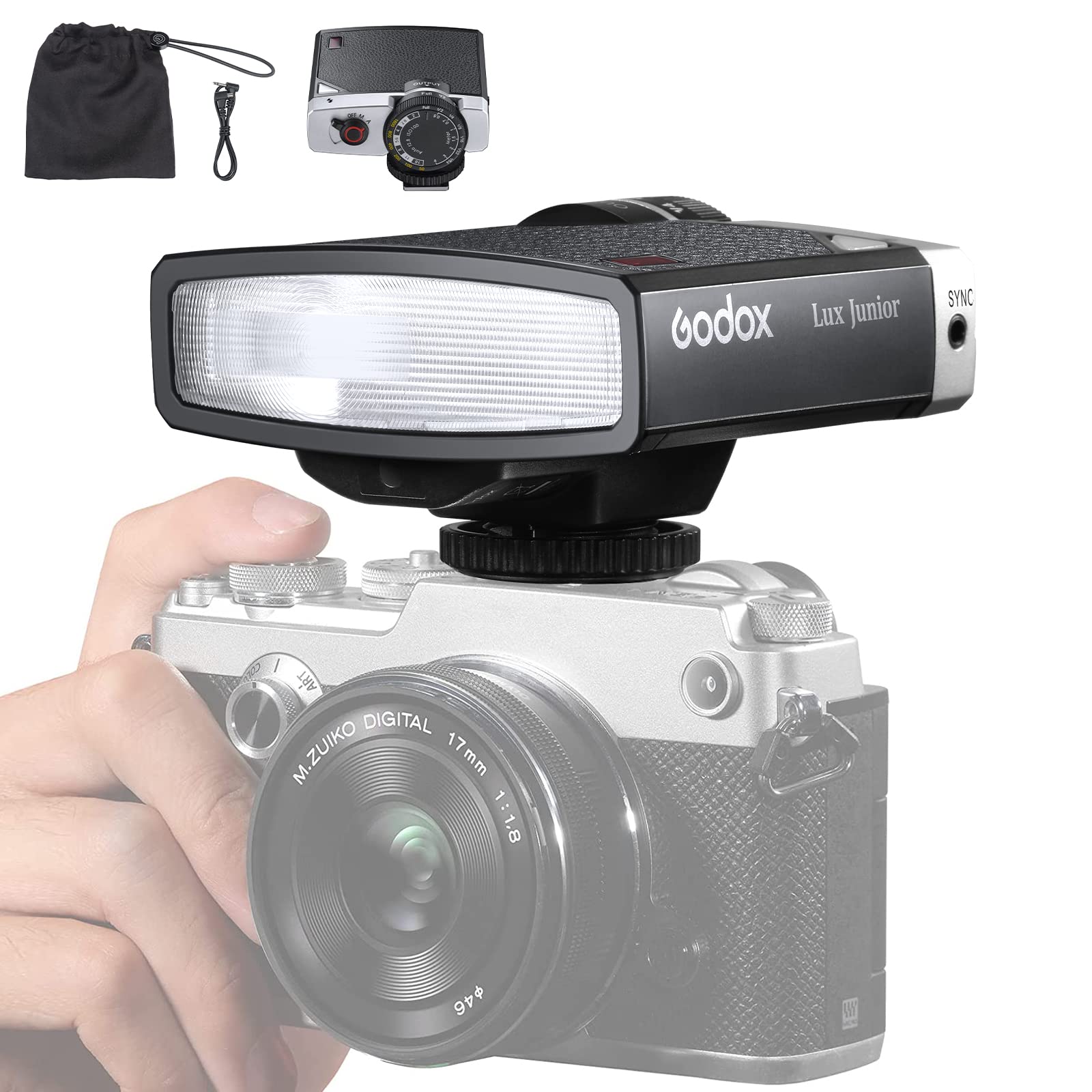 Godox Lux Junior Retro Camera Flash Speedlite - GN12, 6000K±200K CCT, Auto/Manual Modes (1/1-1/64 Power), 28mm Focal Length for Canon Nikon Sony Fuji Olympus DSLR & Mirrorless Cameras - Perfect for Portrait, Wedding & Event Photography