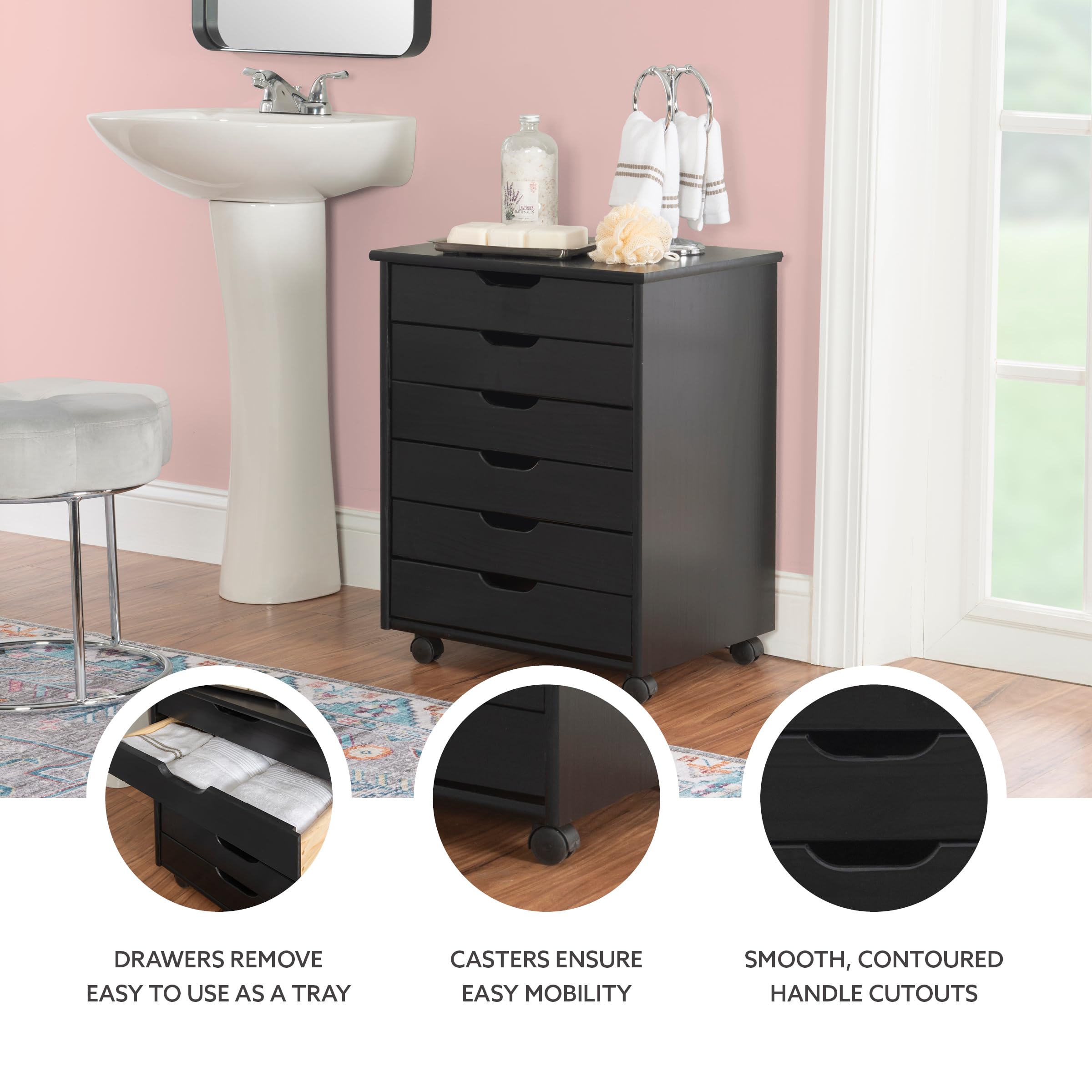 Linon Corinne Black 6-Drawer Wide Rolling Storage Cart - Perfect for Home, Office, and Craft Room Organization