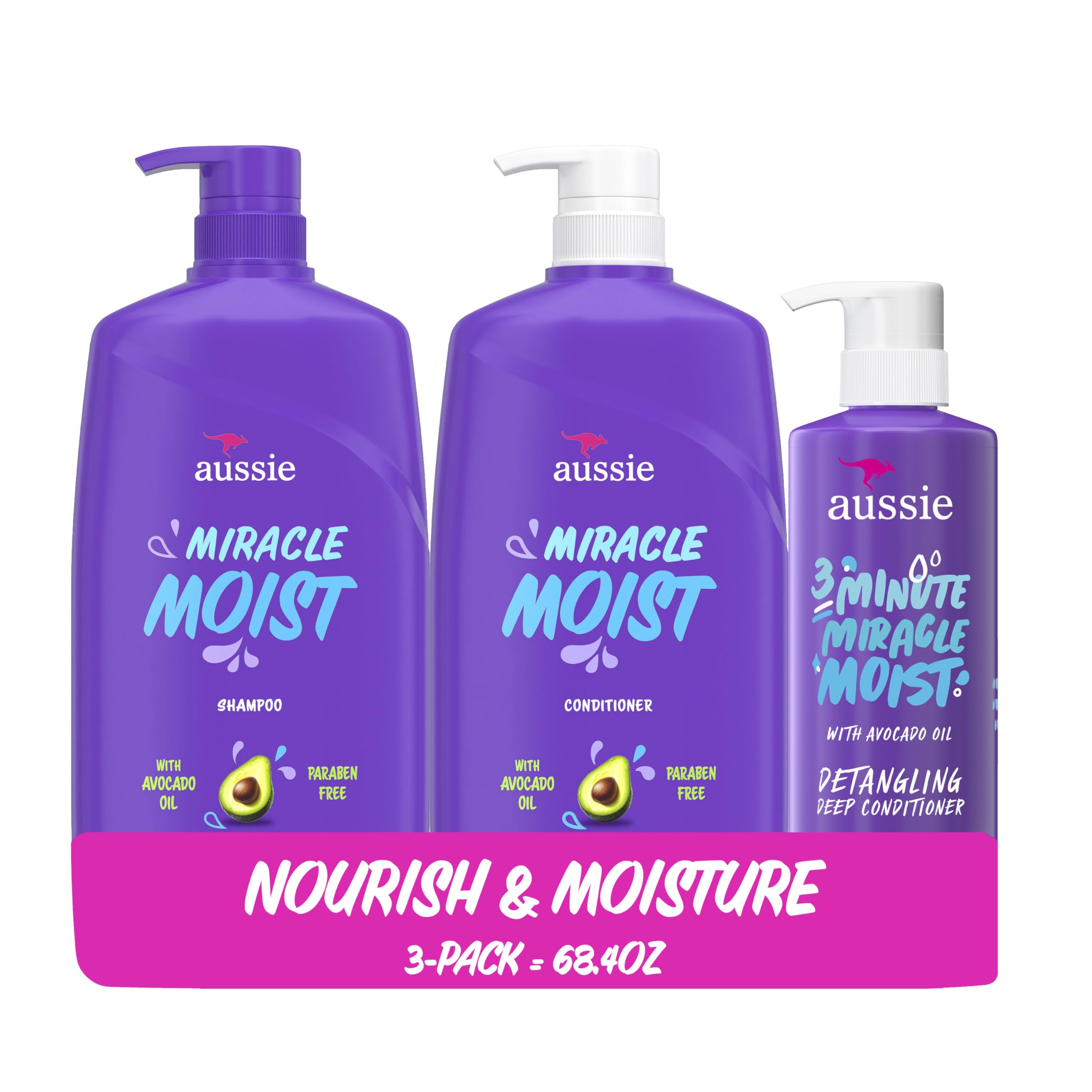 Aussie Miracle Moist Shampoo & Conditioner Set with 3 Minute Miracle Deep Conditioner - Avocado & Jojoba Oil Infused, Paraben-Free, Hydrating & Detangling for All Hair Types, Citrus Floral Scent, 3 Pack (68.4 Fl Oz) - Perfect for Dry, Damaged Hair Care & Daily Moisturizing Routine