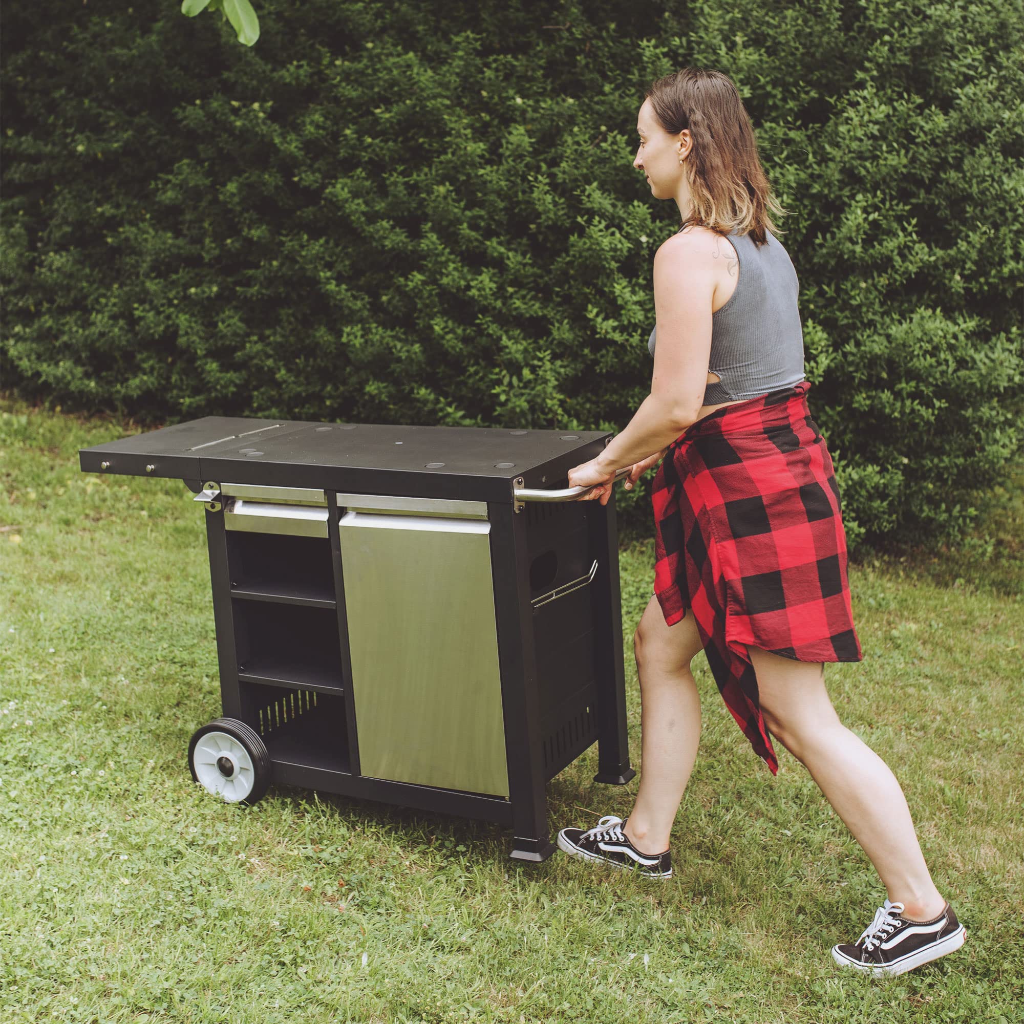Universal Rolling Prep Cart with Shelves & Storage Drawer - Portable Outdoor Griddle & Grill Accessory - Black - Perfect for Backyard BBQs, Camping & Outdoor Cooking