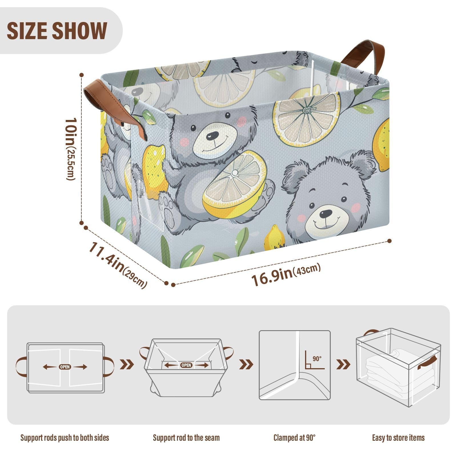 Cartoon Bear Lemon Grey Foldable Storage Baskets - 2 Pack Rectangular Fabric Storage Bins with Handles for Shelves, Closet & Home Organization | Perfect for Kids Room, Nursery & Living Room Decor