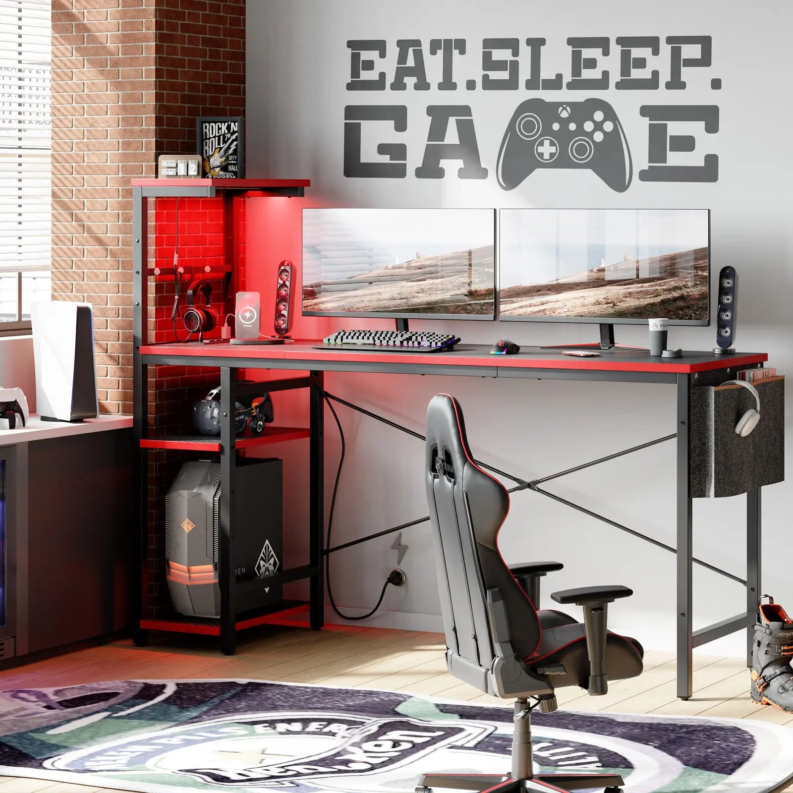 Bestier 61 Inch Large Computer Desk with Reversible Shelves - Ergonomic Gaming Desk for PC, Laptop & Workstation - Perfect for Home Office, Gaming Setup & Study Room
