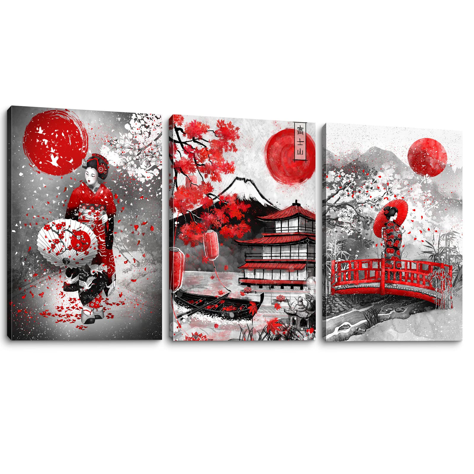Japanese Geisha & Mt. Fuji Canvas Wall Art Set - Black White Red Ink Wash Painting - Framed Ready to Hang - Modern Asian Decor for Living Room, Bedroom, Bathroom - Perfect for Zen Home Decor & Office Wall Art