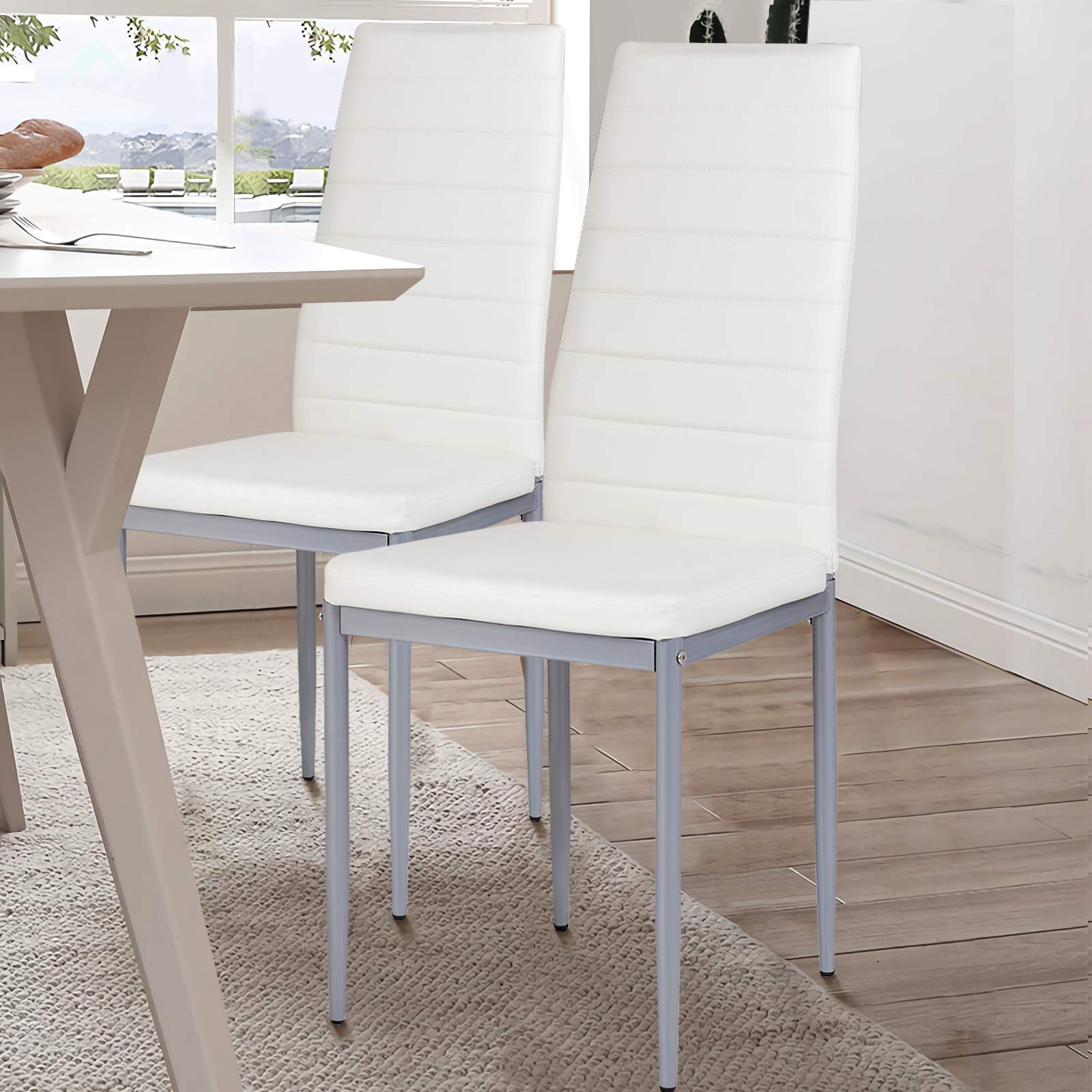 Premium PU Leather Dining Chairs Set of 4 - Ergonomic High Backrest Kitchen Side Chairs with Sturdy Steel Frame - Comfortable Upholstered Seating for Home, Restaurant & Office Use (White)