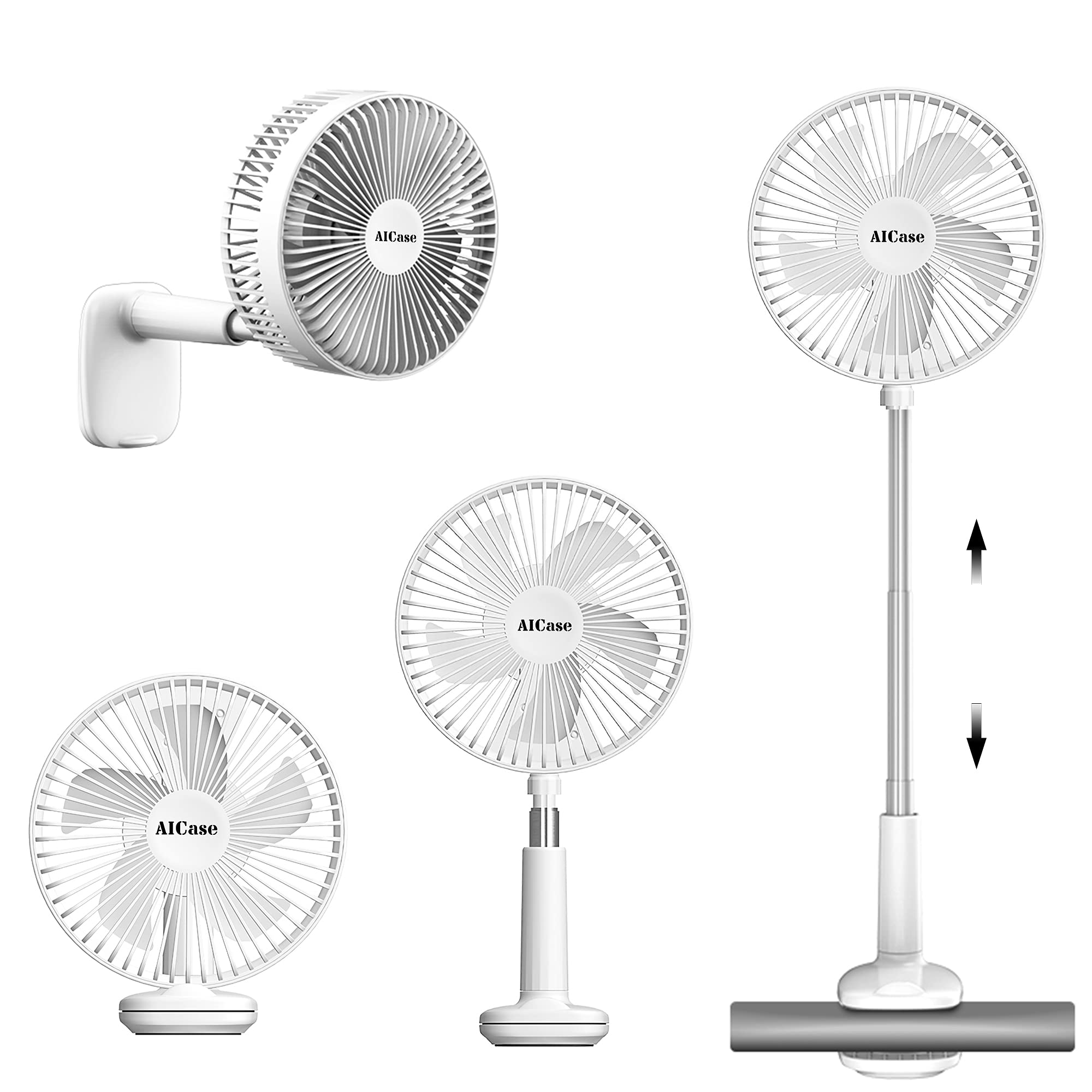 AICase Portable Clip Fan with Rechargeable Battery - 3 Speed Adjustable Height Desk & Floor Fan for Office, Home, Camping | USB Powered, Super Quiet, Folding Design for Indoor & Outdoor Use