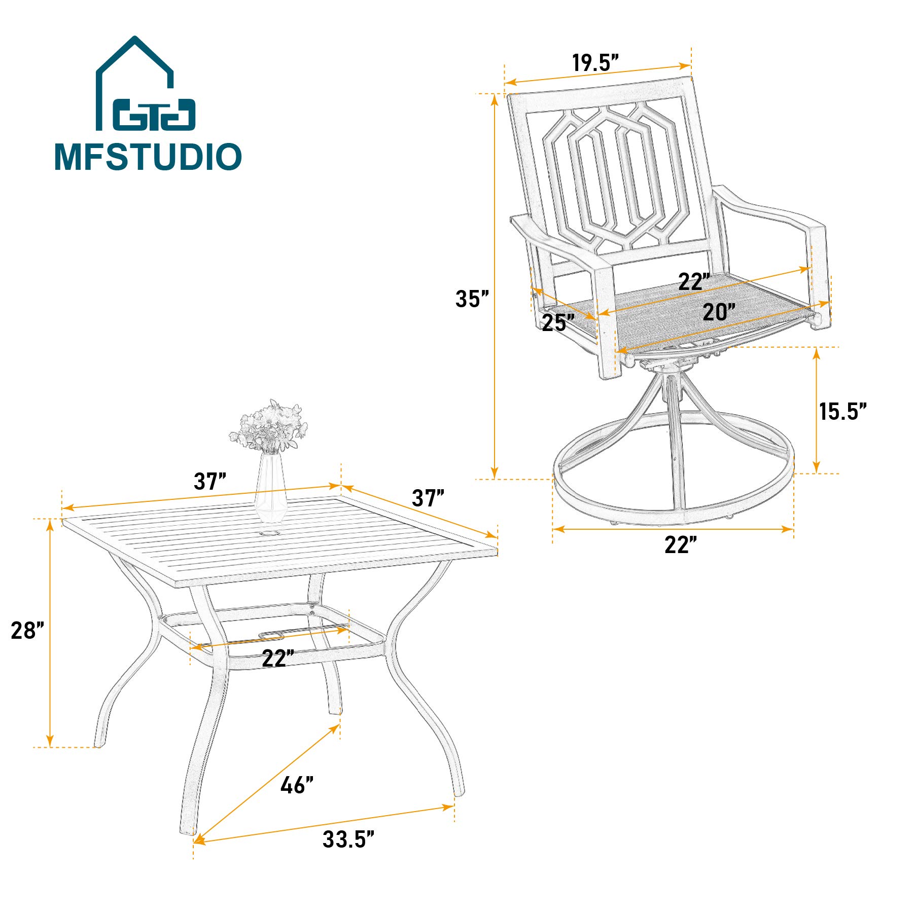 MFSTUDIO 5-Piece Outdoor Patio Dining Set - Square Black Metal Table with 4 Textilene Fabric Chairs - Weather-Resistant Garden Furniture with Umbrella Hole - Perfect for Backyard, Poolside, Porch & Outdoor Entertaining