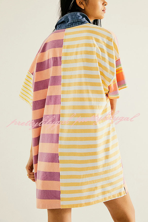 Stylish Contrast Striped Patchwork Denim Lapel Loose Mini Dress for Women | Casual Summer Outfit, Beach Party, Date Night & Streetwear Fashion