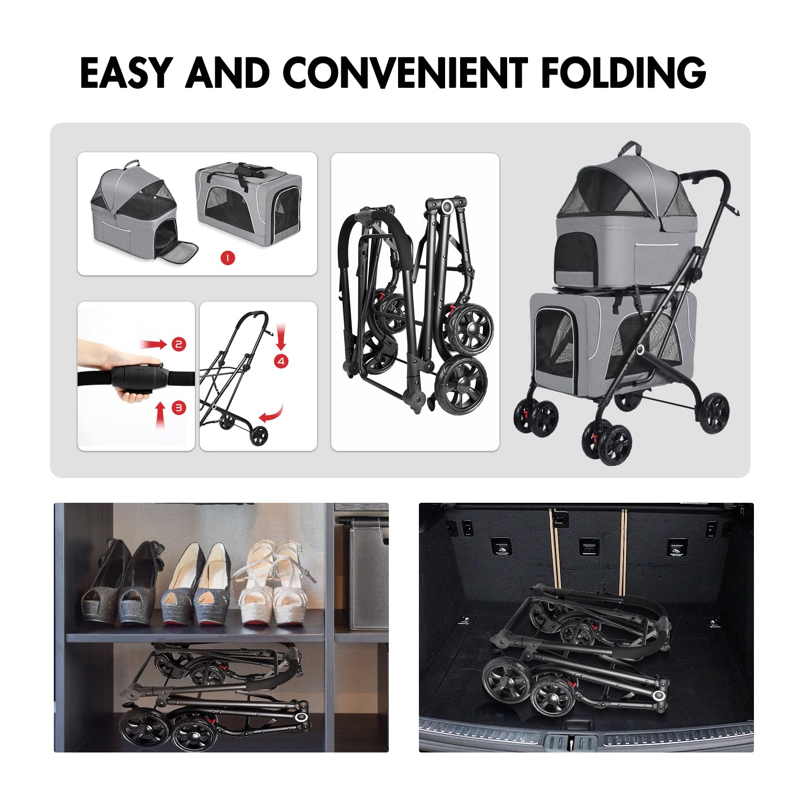 Double Pet Stroller for Small & Medium Dogs & Cats - 2 Detachable Carrier Bags, Foldable Design, Travel-Friendly (Grey & Black) - Perfect for Park Walks, Vet Visits & Outdoor Adventures