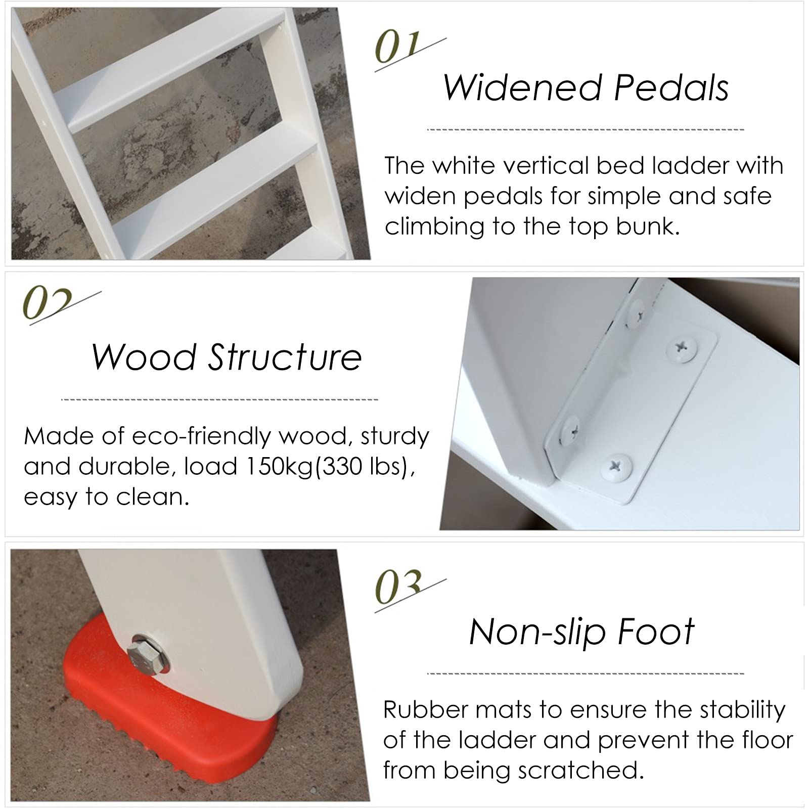 White High-Rise Wooden Bed Ladder with Hooks - 330lb Capacity Twin/Single Bunk Step Ladder for Campers, Small Spaces & Loft Beds - Perfect for Kids Rooms, Dormitories & Tiny Homes