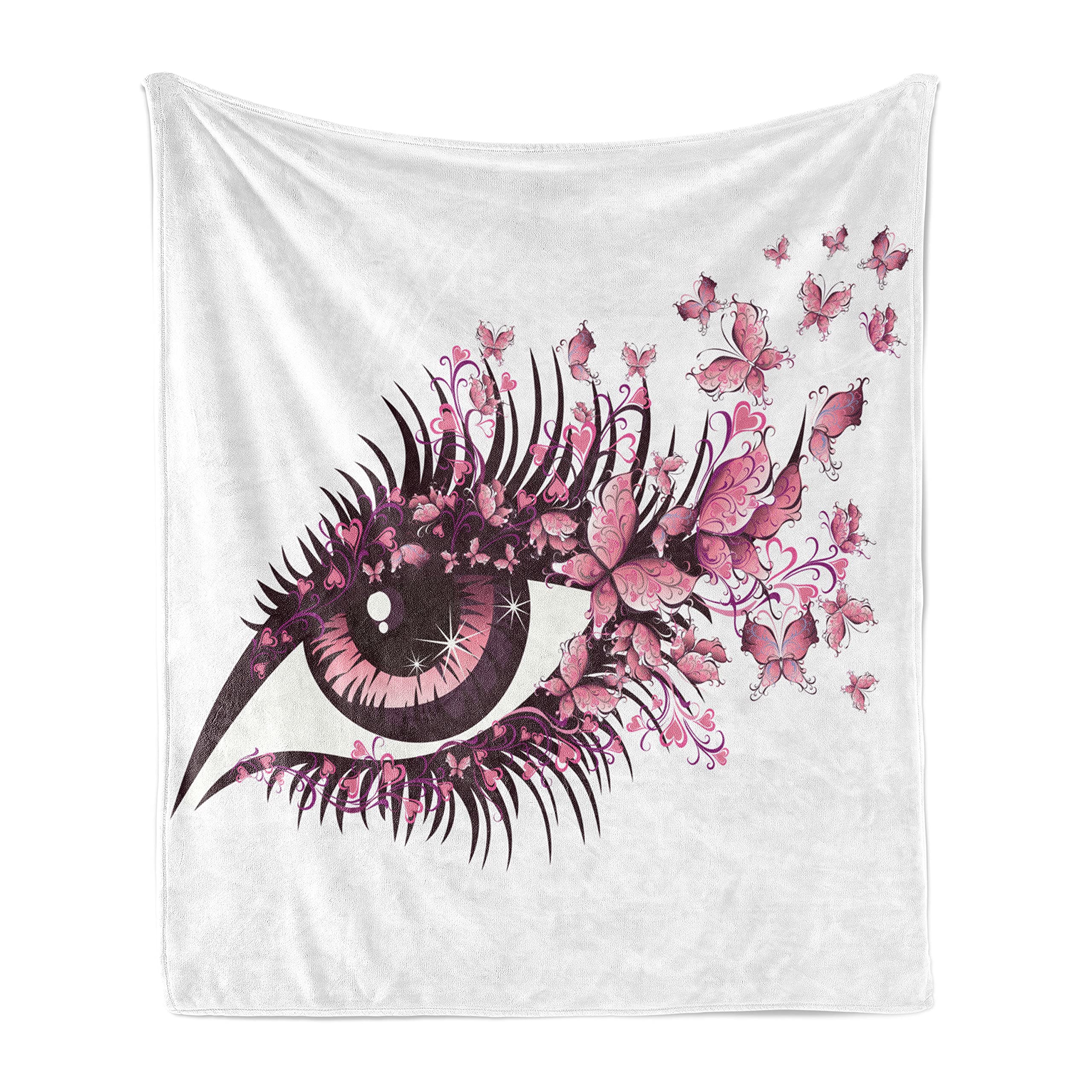 Ambesonne Soft Flannel Fleece Throw Blanket - Pink White Butterfly & Eyelash Mascara Animal Print, 50
